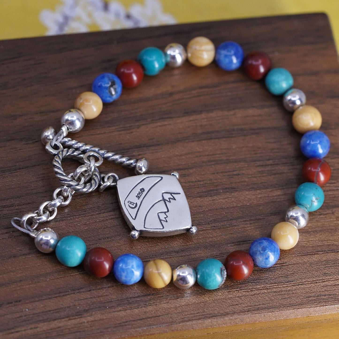 6.5+1", Carolyn Pollack 925 Sterling Silver Beaded Bracelet, Mountain Charm