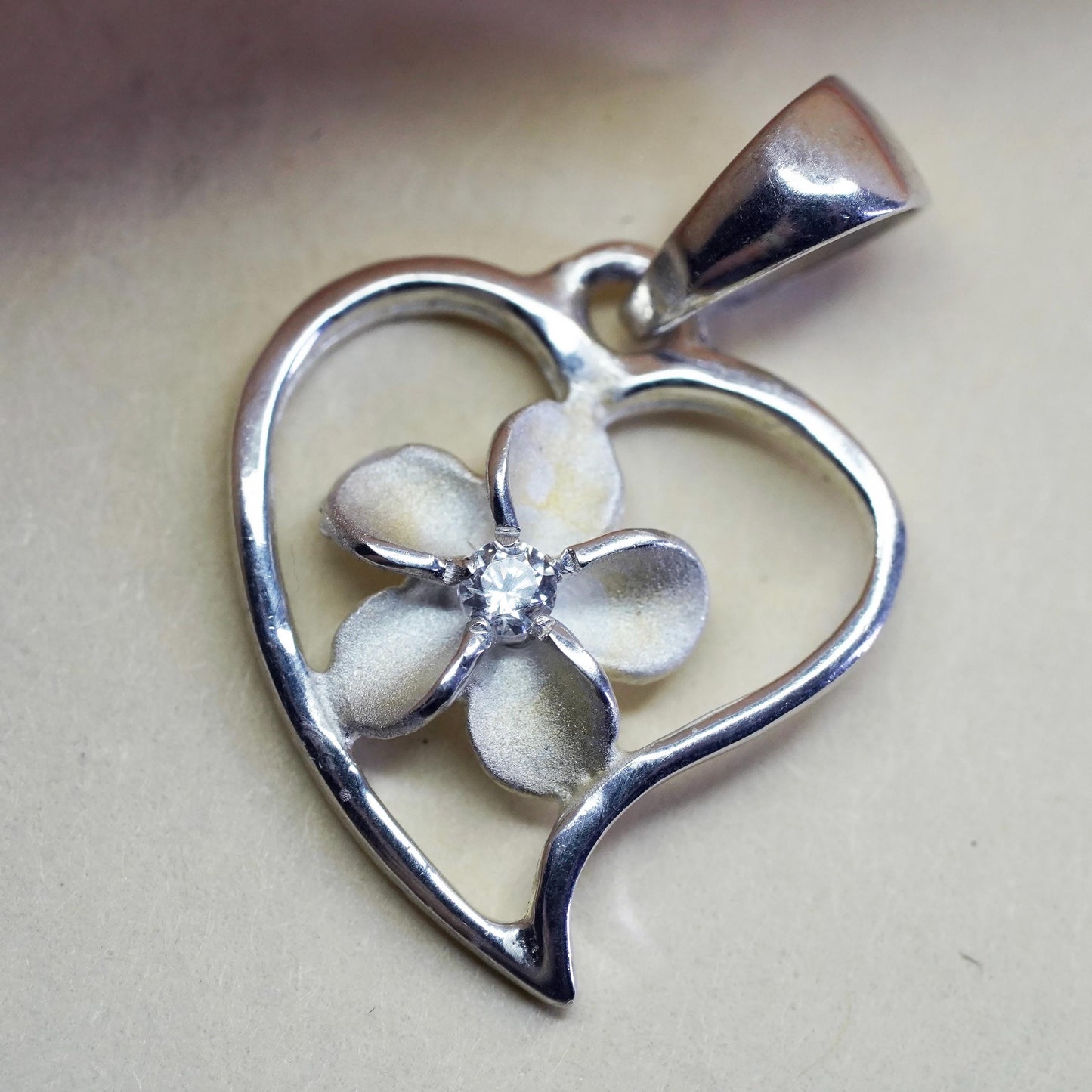 Vintage Sterling silver handmade pendant, 925 plumeria flower heart charm