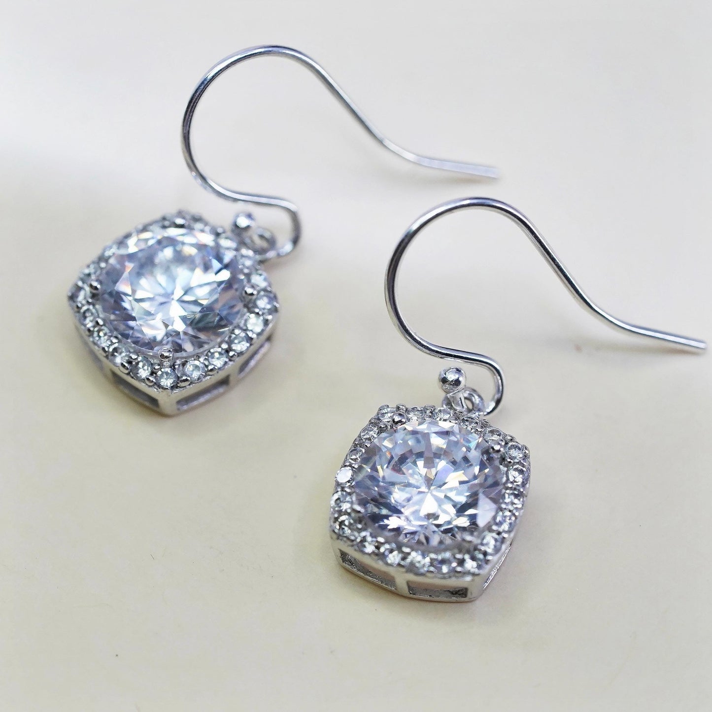Vintage sterling silver handmade earrings, 925 silver square with cluster Cz