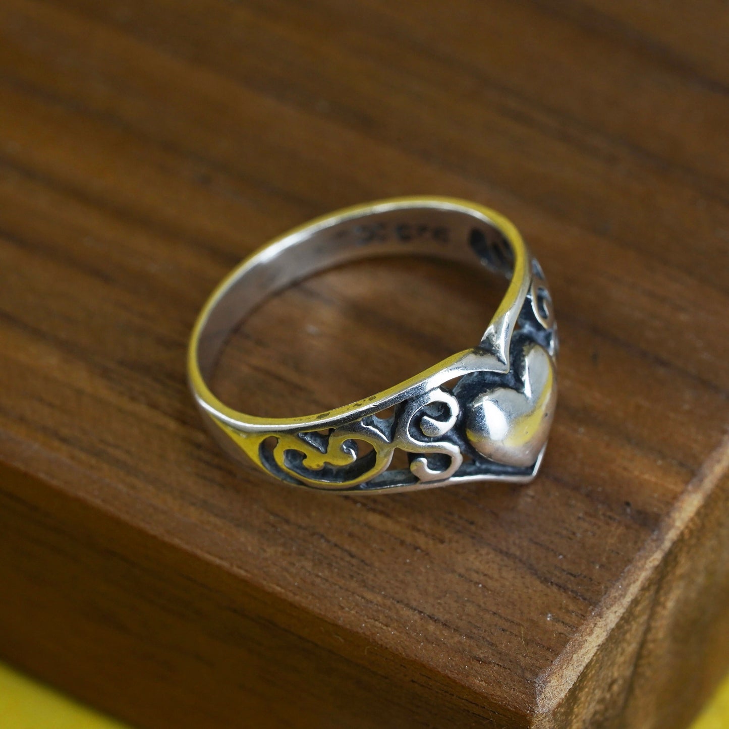 Size 7, vintage Sterling silver handmade ring, 925 stackable band with heart