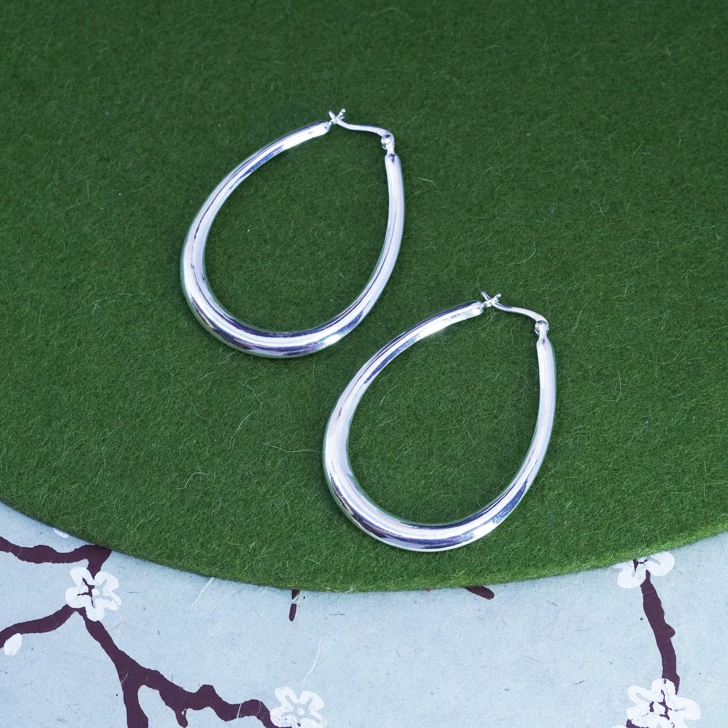 2” Vintage sterling silver oval loop earrings, minimalist primitive hoops