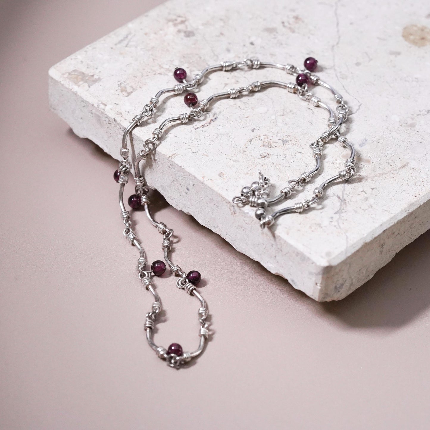 16” 2mm, vintage Sterling silver necklace, 925 bone bar chain with garnet beads