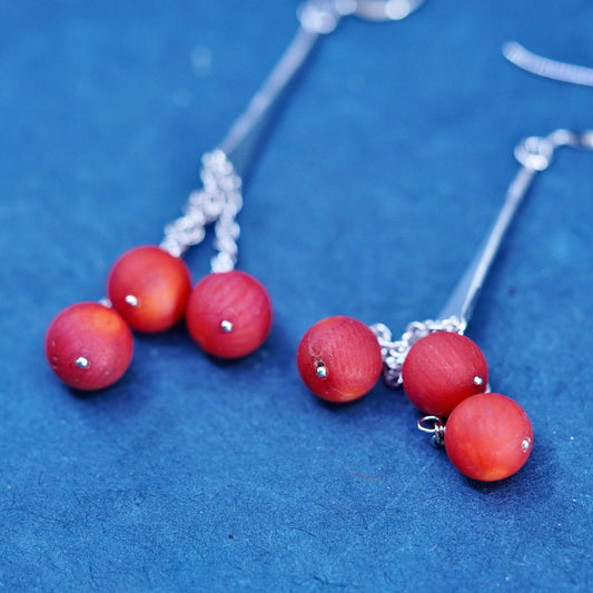 Vintage Sterling silver handmade earrings, bold 925 circle with red coral beads
