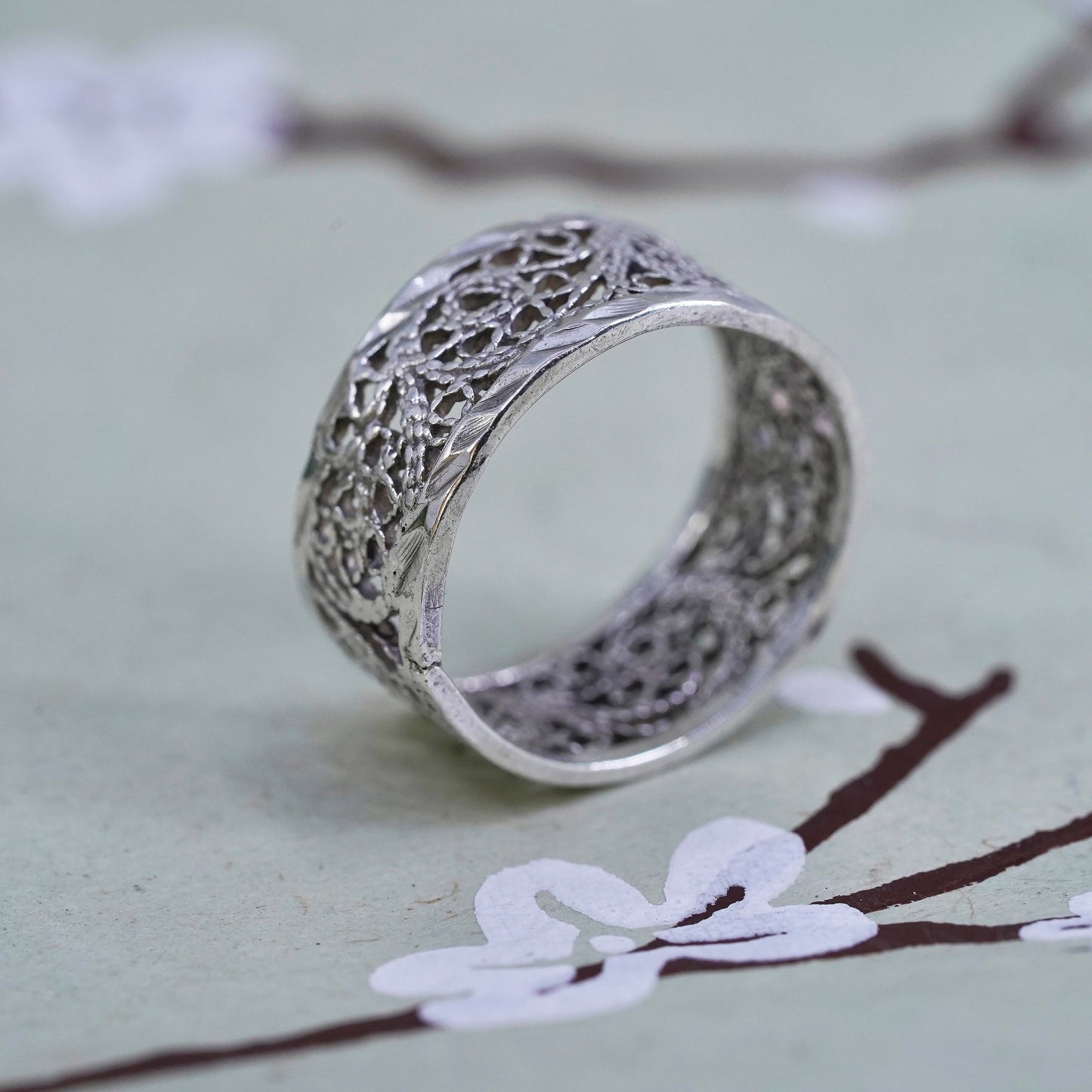 Size 6.5, Vintage sterling silver handmade filigree ring, 925 band
