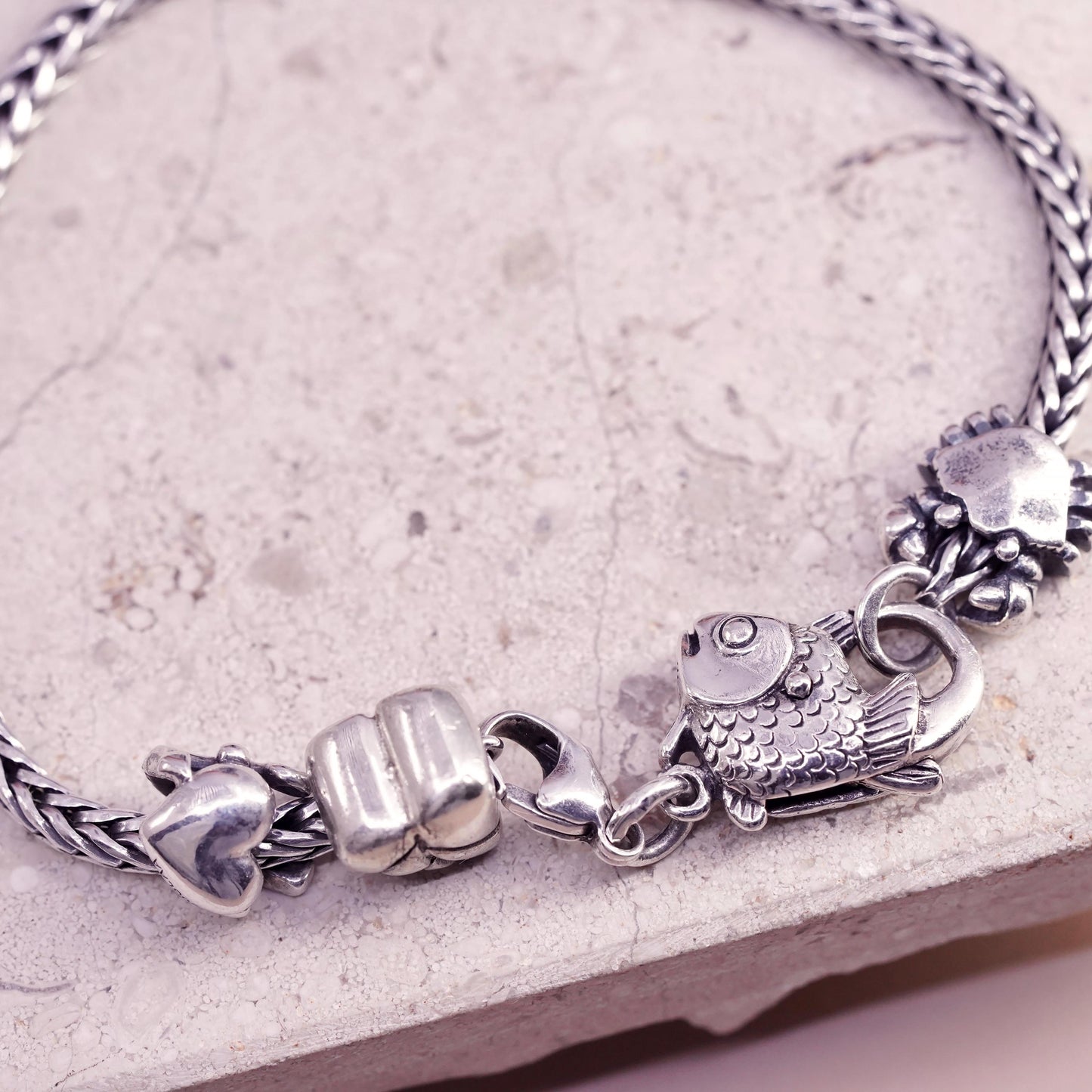 7.75", LAA Trollbeads Sterling Silver 925 wheat Bracelet heart crab leaf charms
