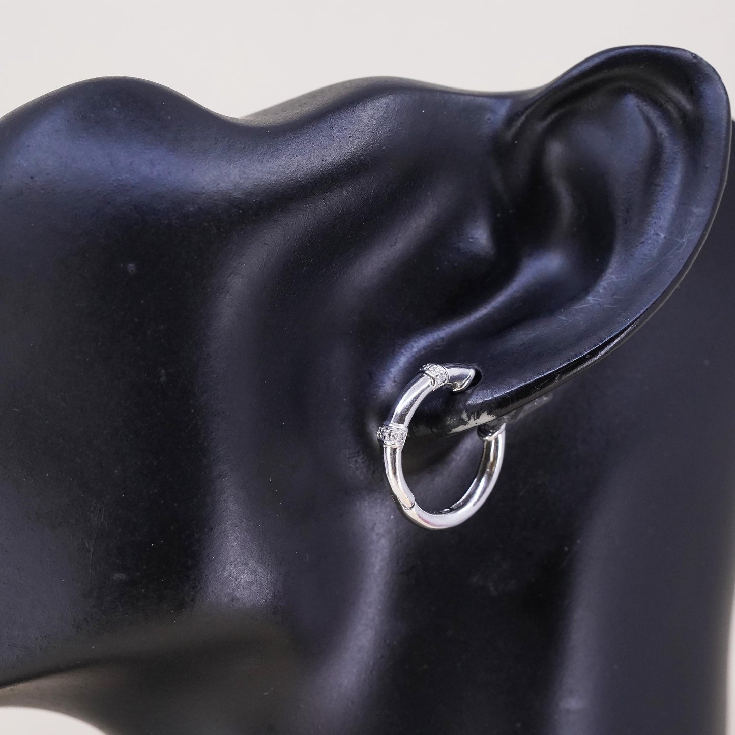 0.75", Vintage sterling silver loop single earring, bamboo hoop with diamonds