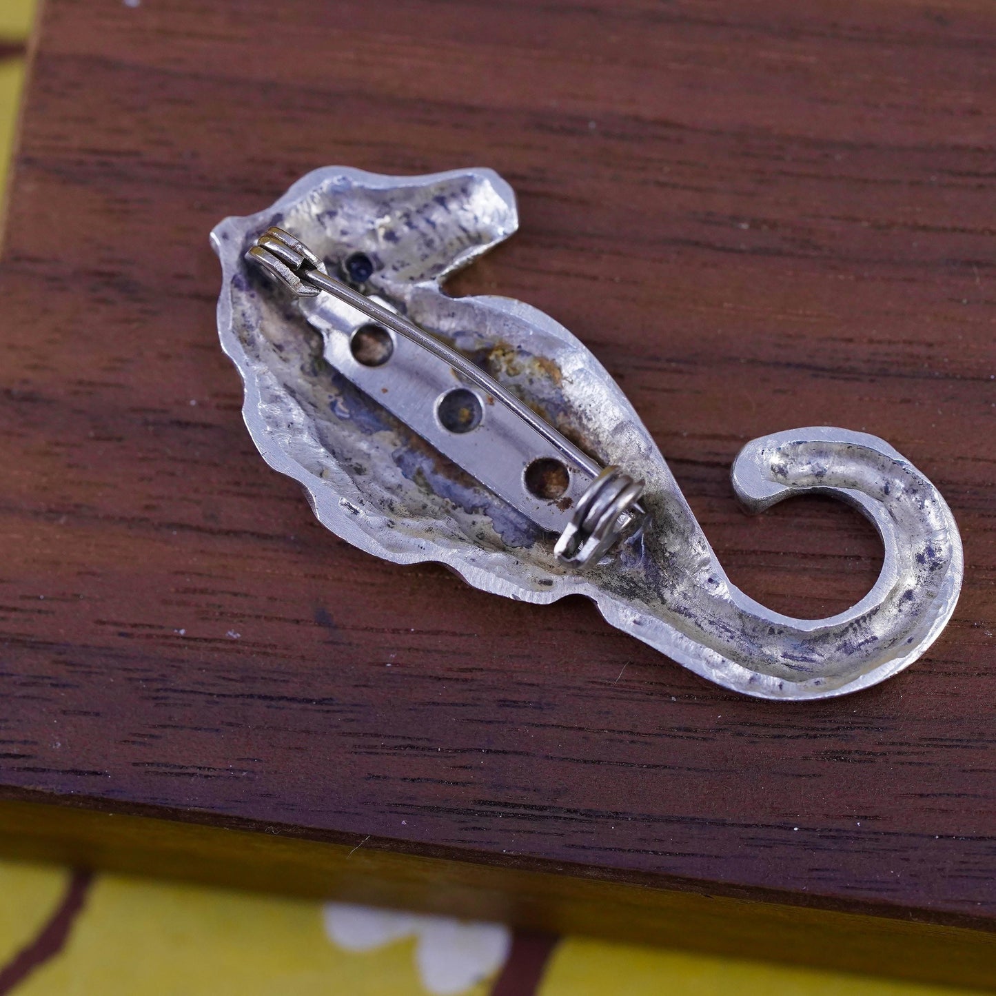 Vintage handmade sterling 925 silver seahorse brooch pin with blue topaz eye