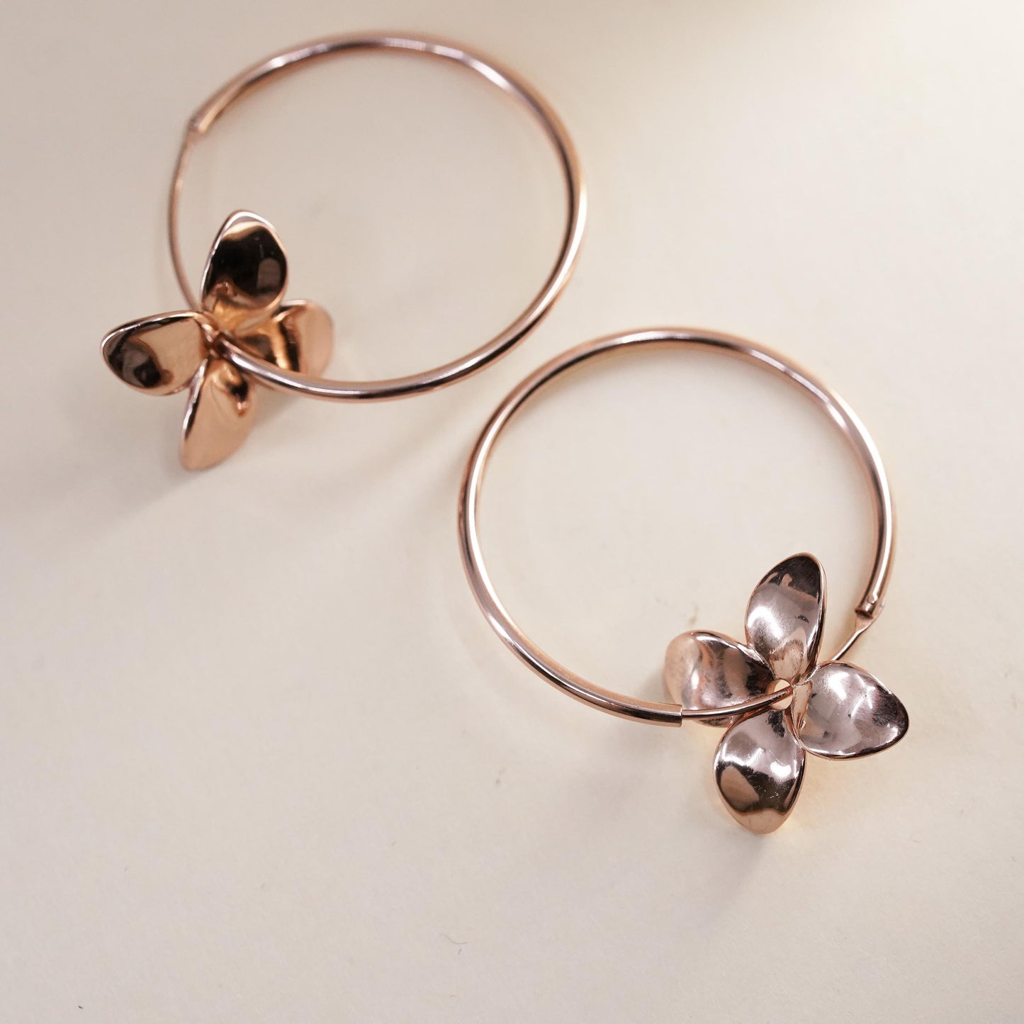 1.25", vermeil rose gold over sterling 925 silver loop earrings, hoops flower