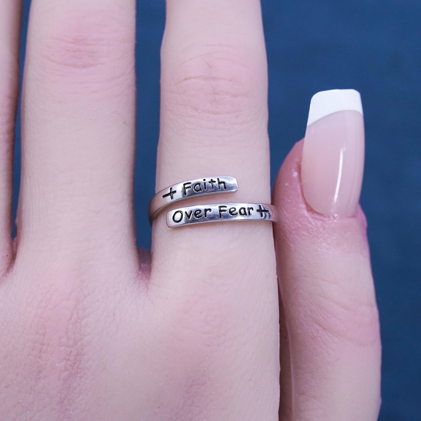 Size 7.5, Sterling silver ring, 925 wrap band engraved quote “faith over fear