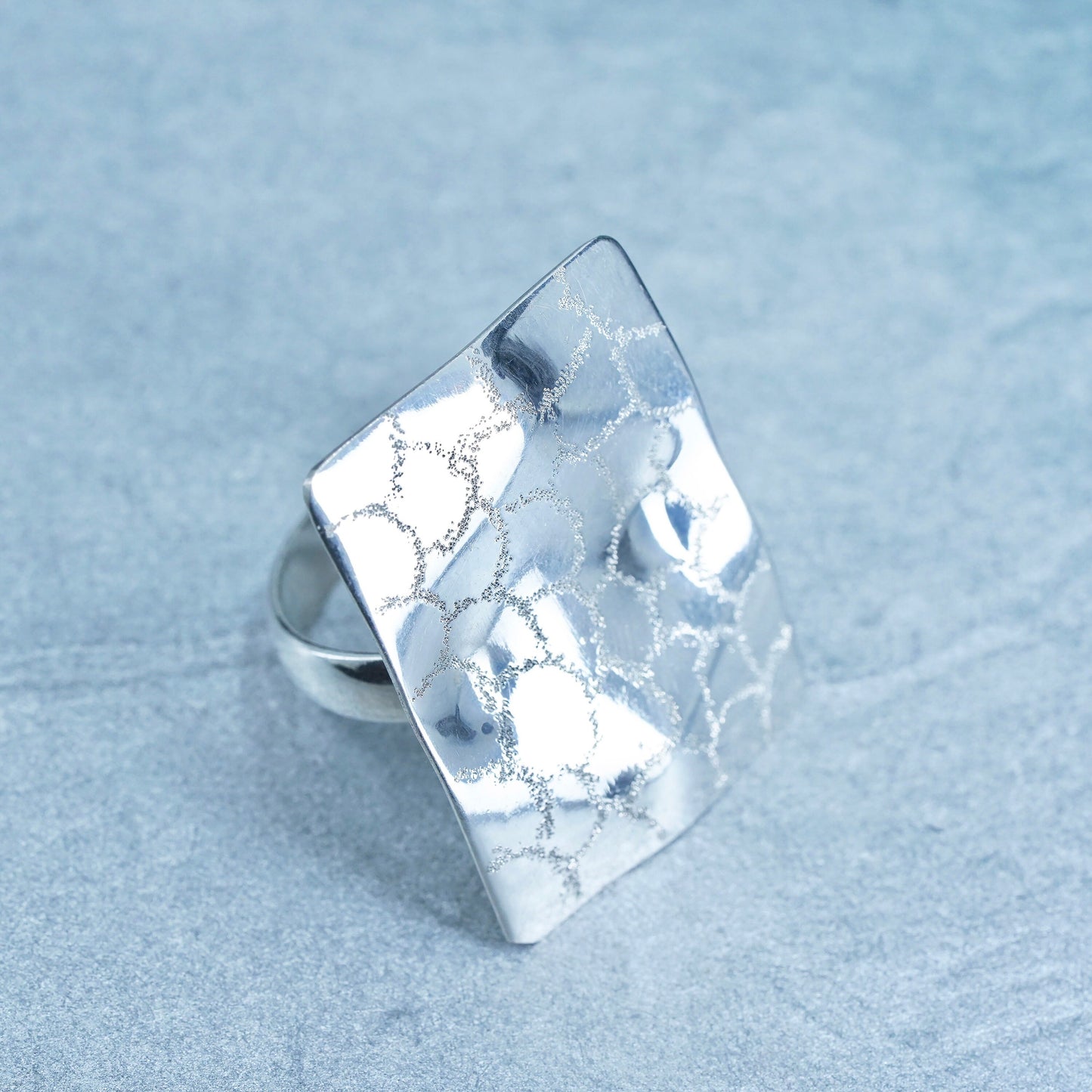 Size adjustable, vintage Sterling 925 silver ring, textured square band