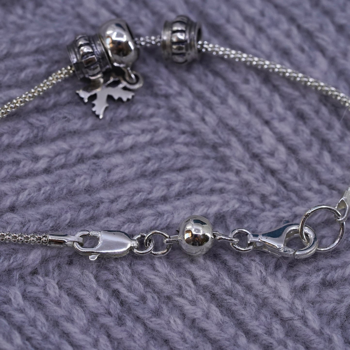 6.5", sterling silver bracelet, 925 popcorn chain w/ divider bead and letter K