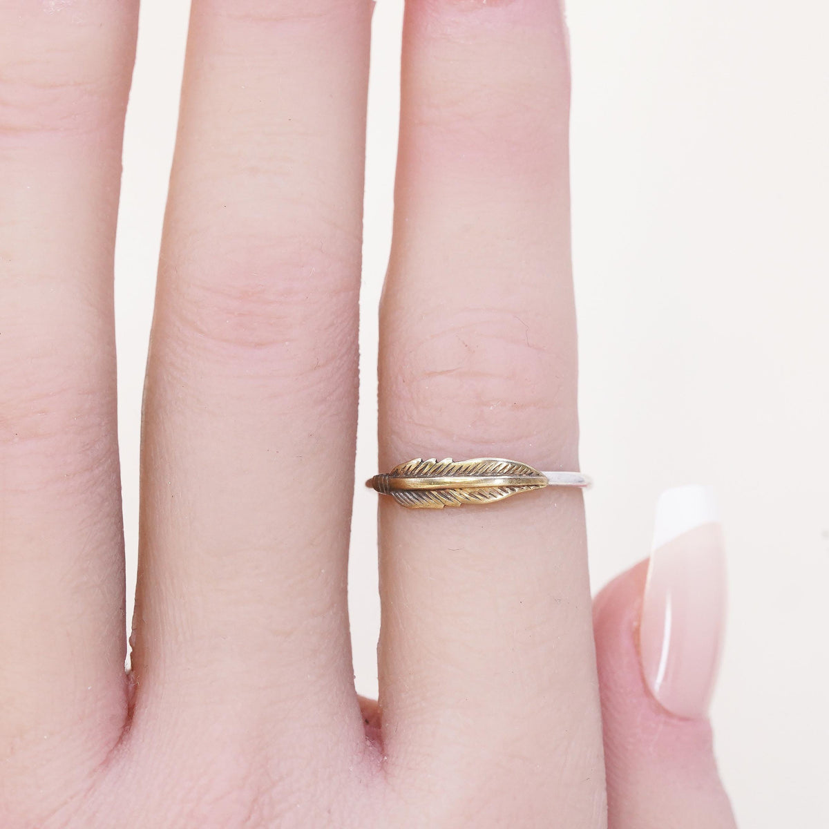 Size 6, Vintage two tone Sterling silver handmade brass feather ring, 925 band