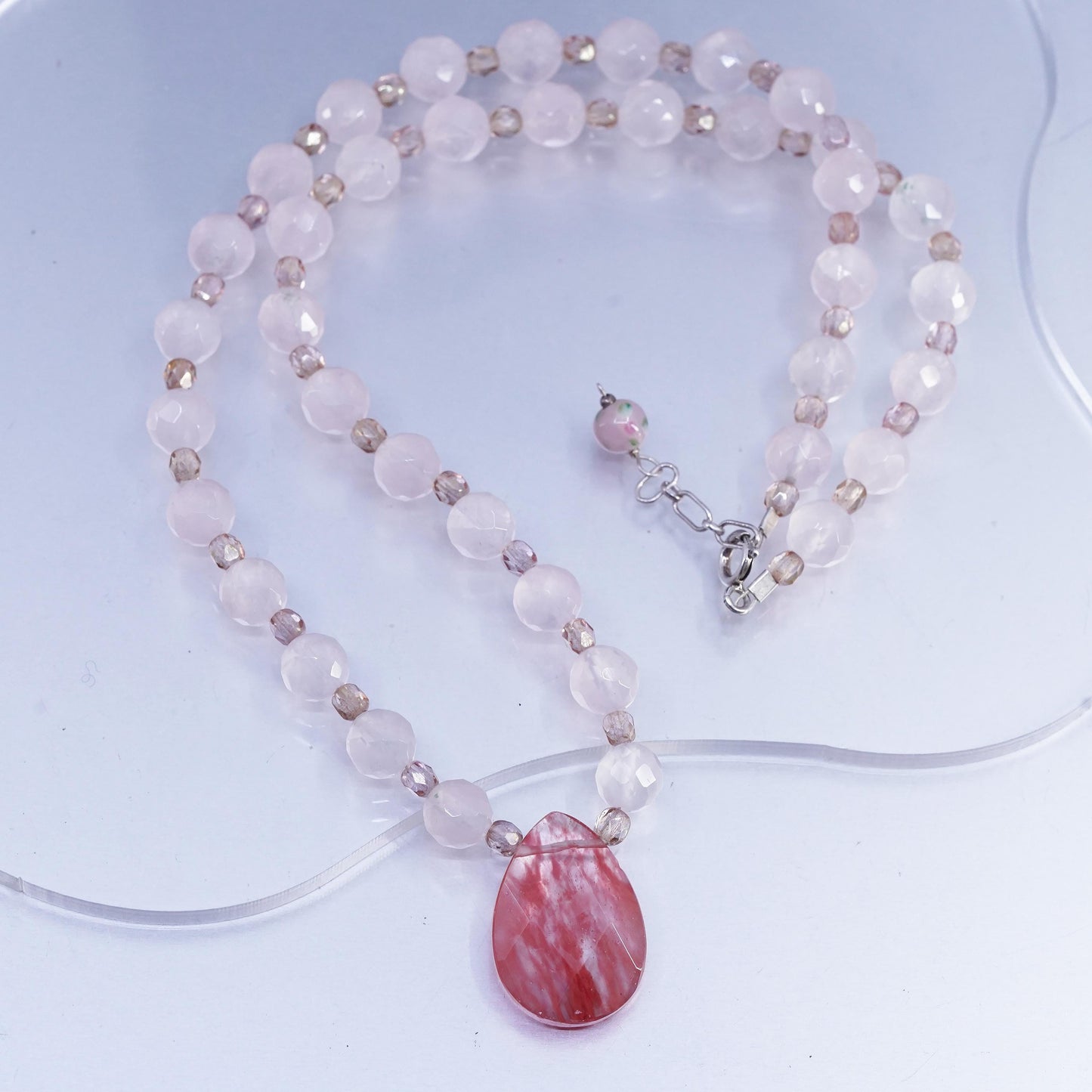19", 925 Sterling Silver Pink Rose Quartz Beads cherry quartz teardrop pendant