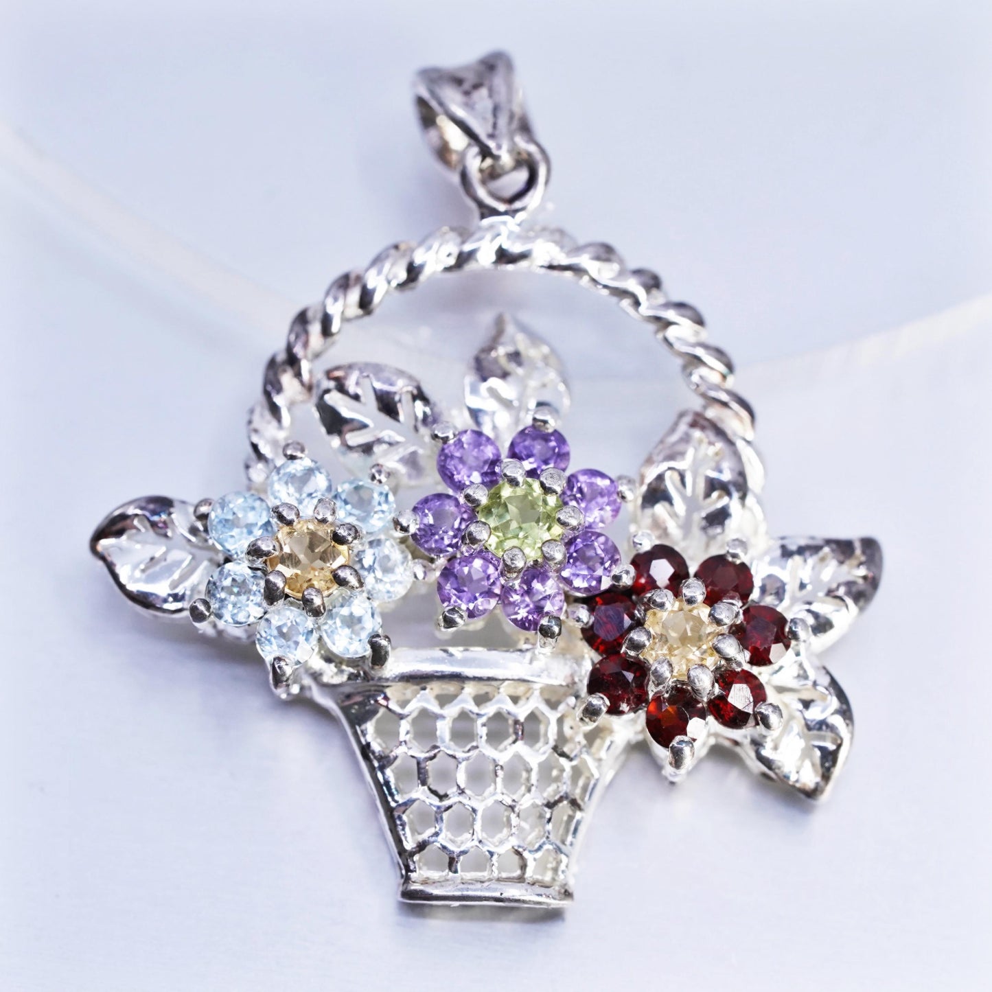 Vintage Sterling 925 Silver Flower Basket Pendant Multi Gemstone Floral Bouquet