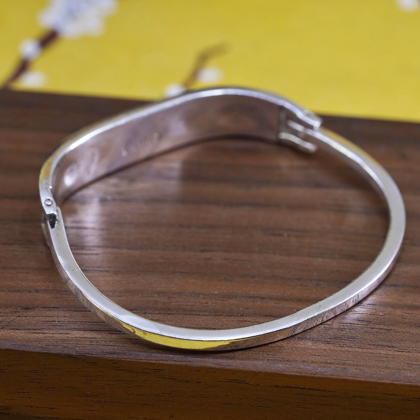 6.5”, Sterling 925 silver handmade bracelet, Mexico hinged bangle w/ turquoise