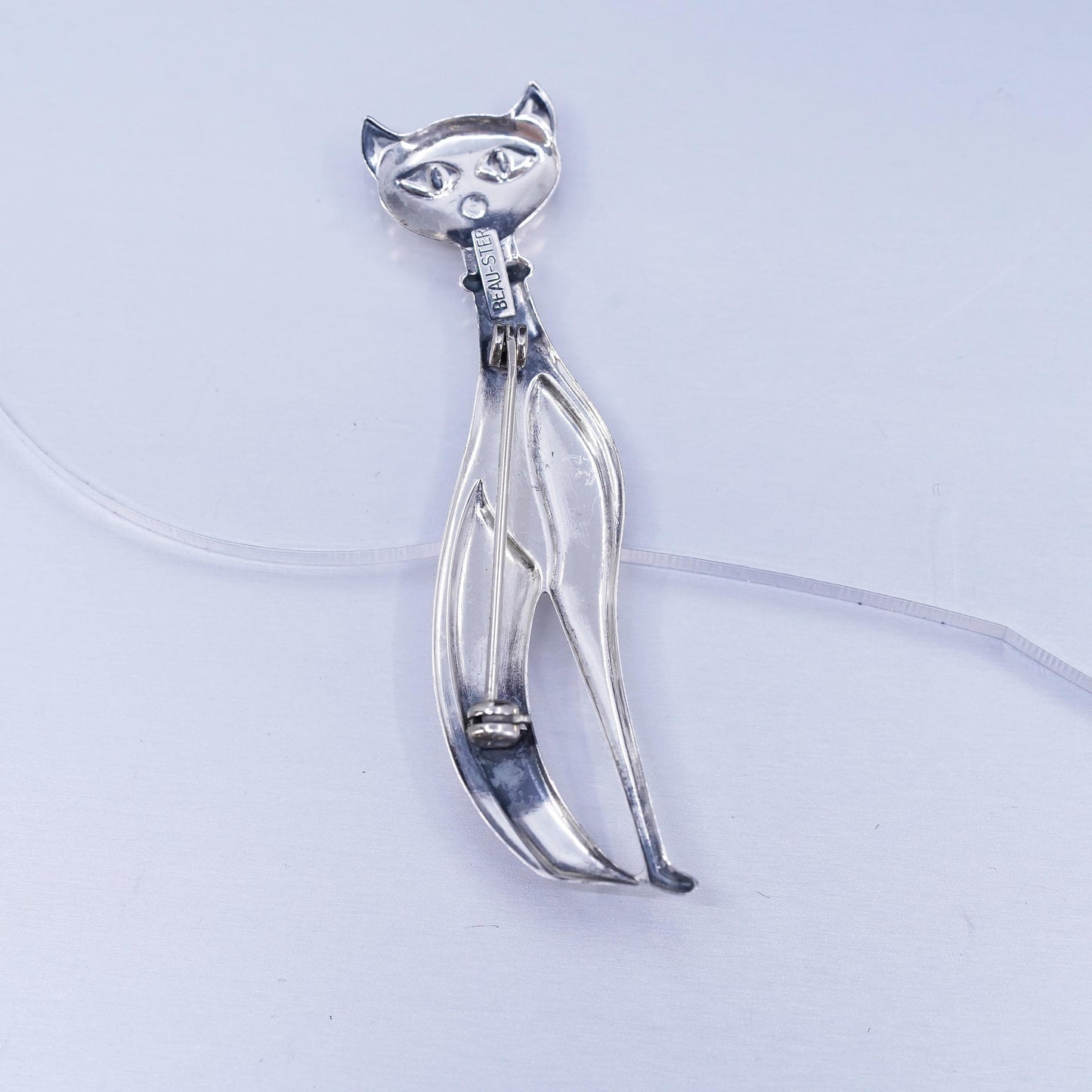 Vintage Beau sterling silver handmade brooch, 925 kitty cat pin