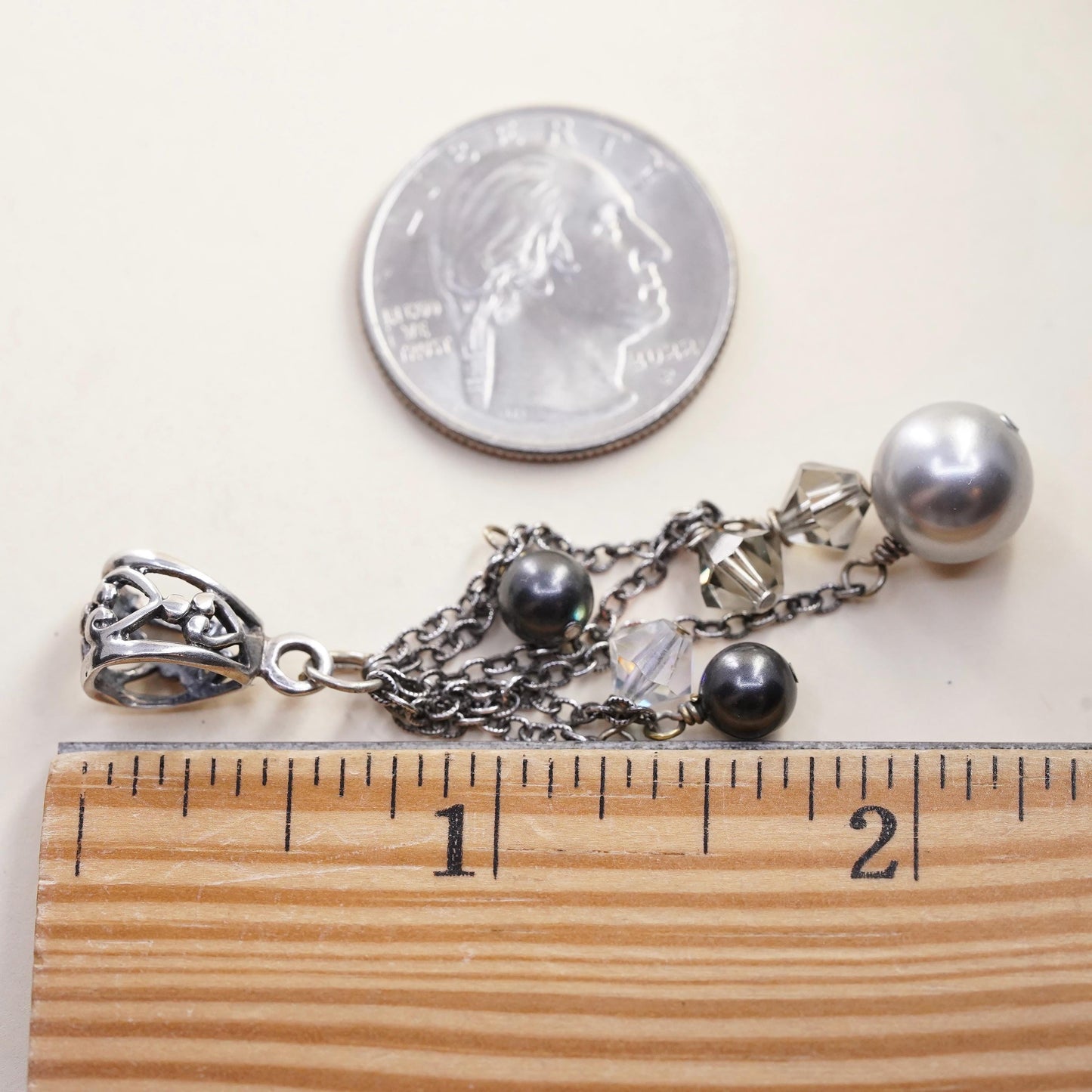 Vintage handmade sterling 925 silver chain pendant with pearl and crystal