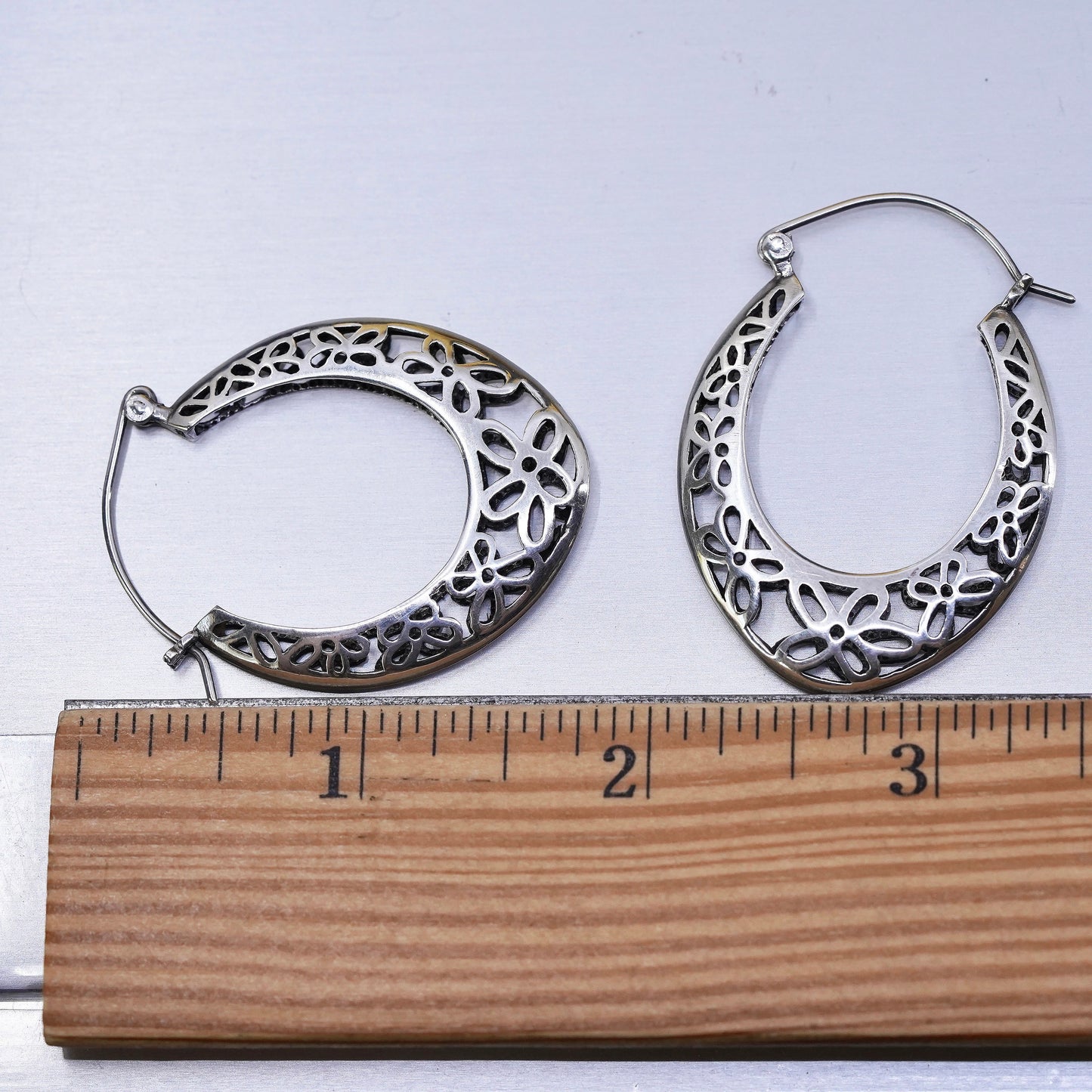 1.75", VTG Sterling silver filigree earrings, 925 handmade oval huggie hoops