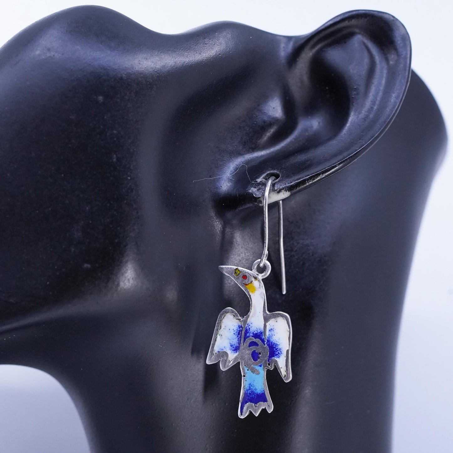 Vintage Designer Sterling 925 silver handmade bird earrings with enamel inlay