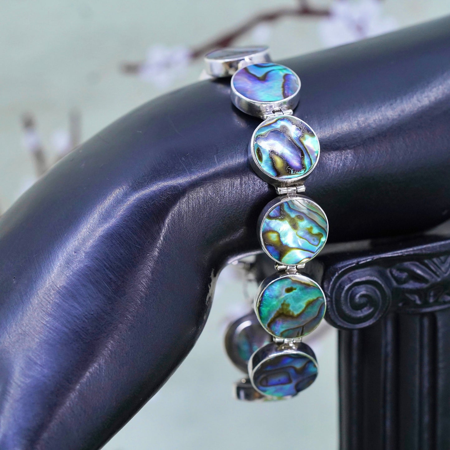 7”, vintage sterling 925 silver handmade bracelet with abalone