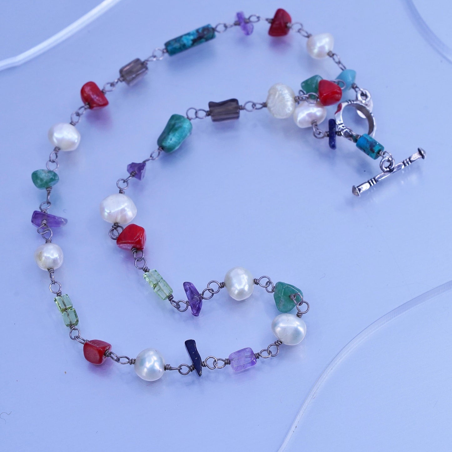 16”, Silpada Multi 925 Silver Necklace Retired Pearl Coral Turquoise Amethyst
