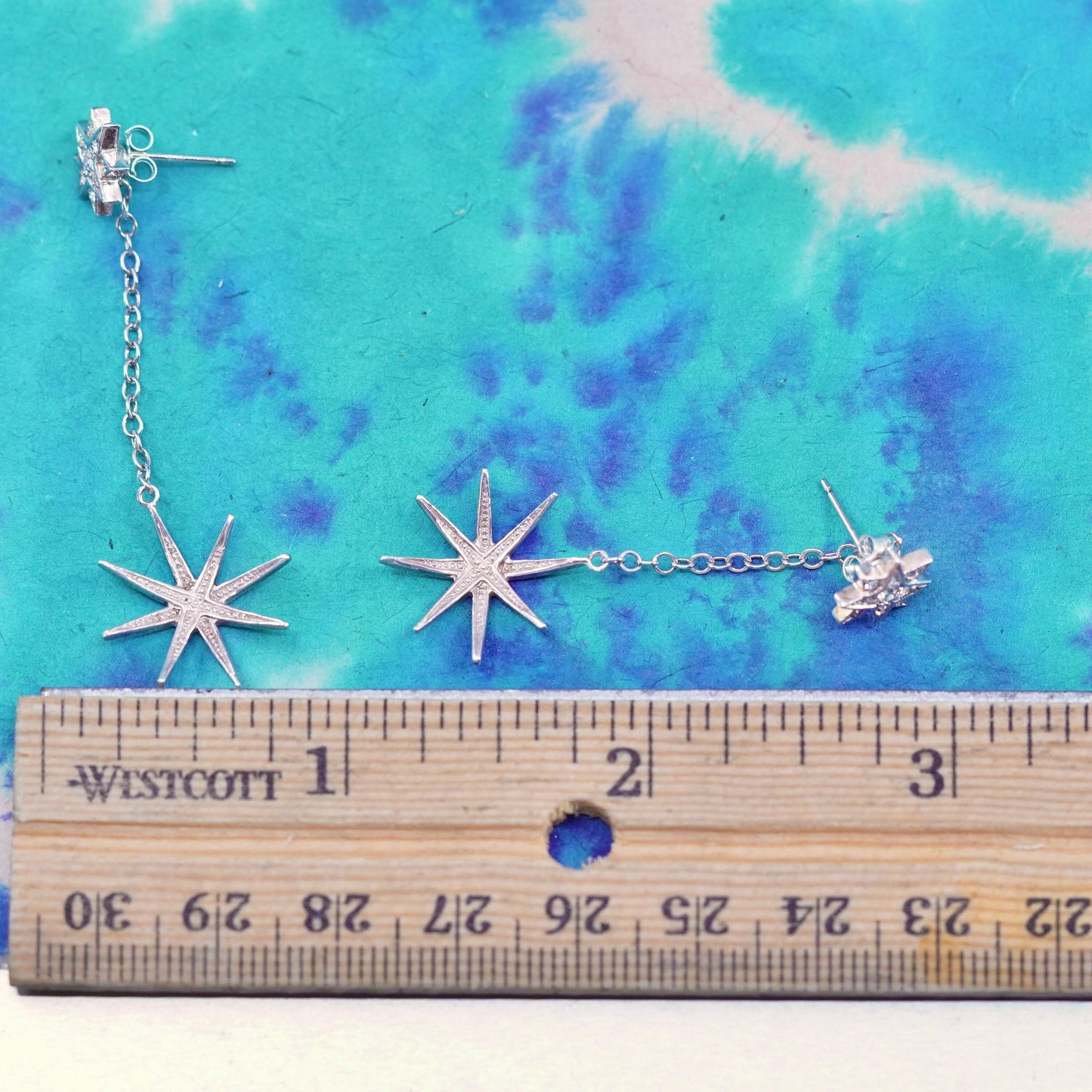 Vintage Sterling Silver handmade Earrings. 925 star dangles with cz