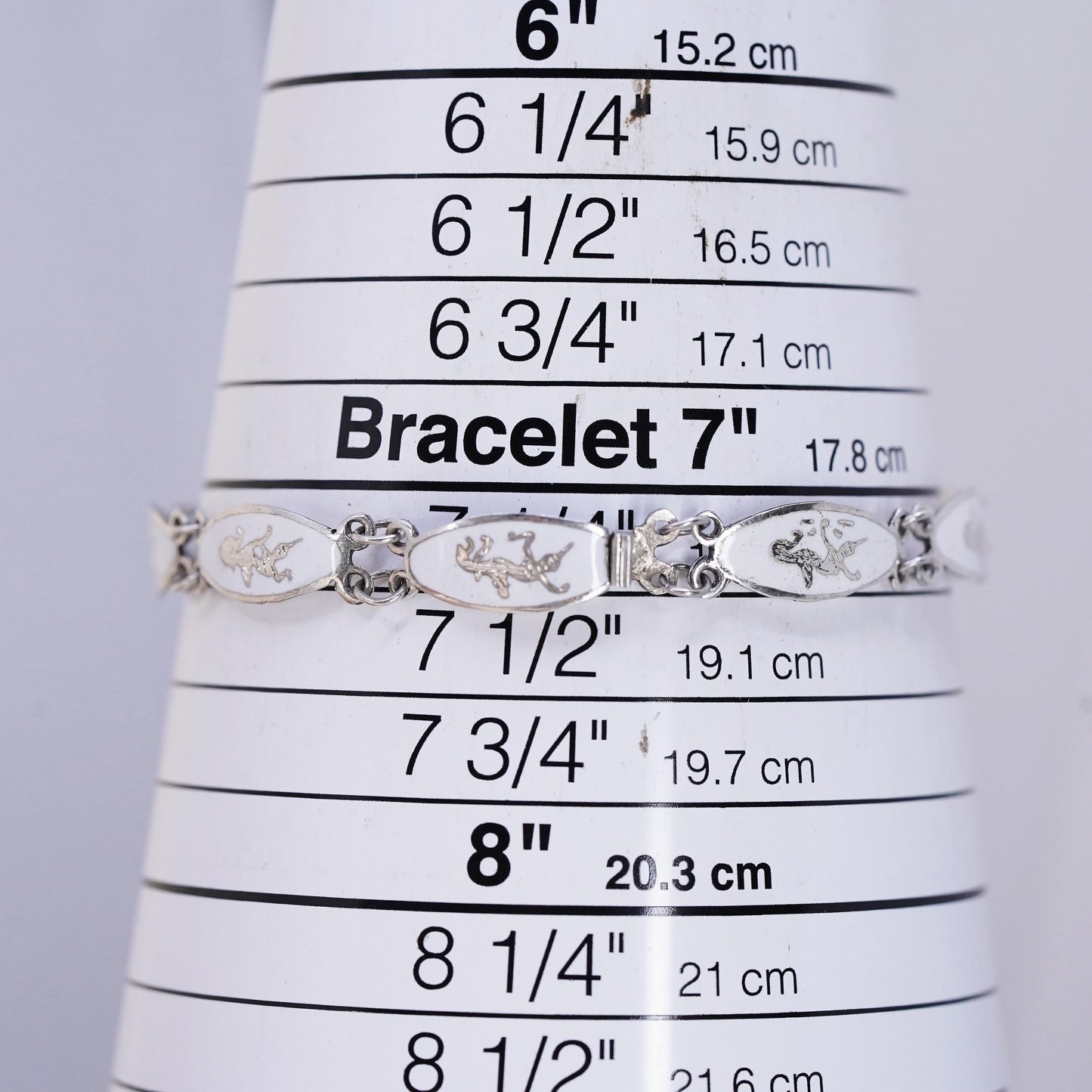 7.25”, vintage Indian Siam sterling silver 925 links bracelet with white enamel