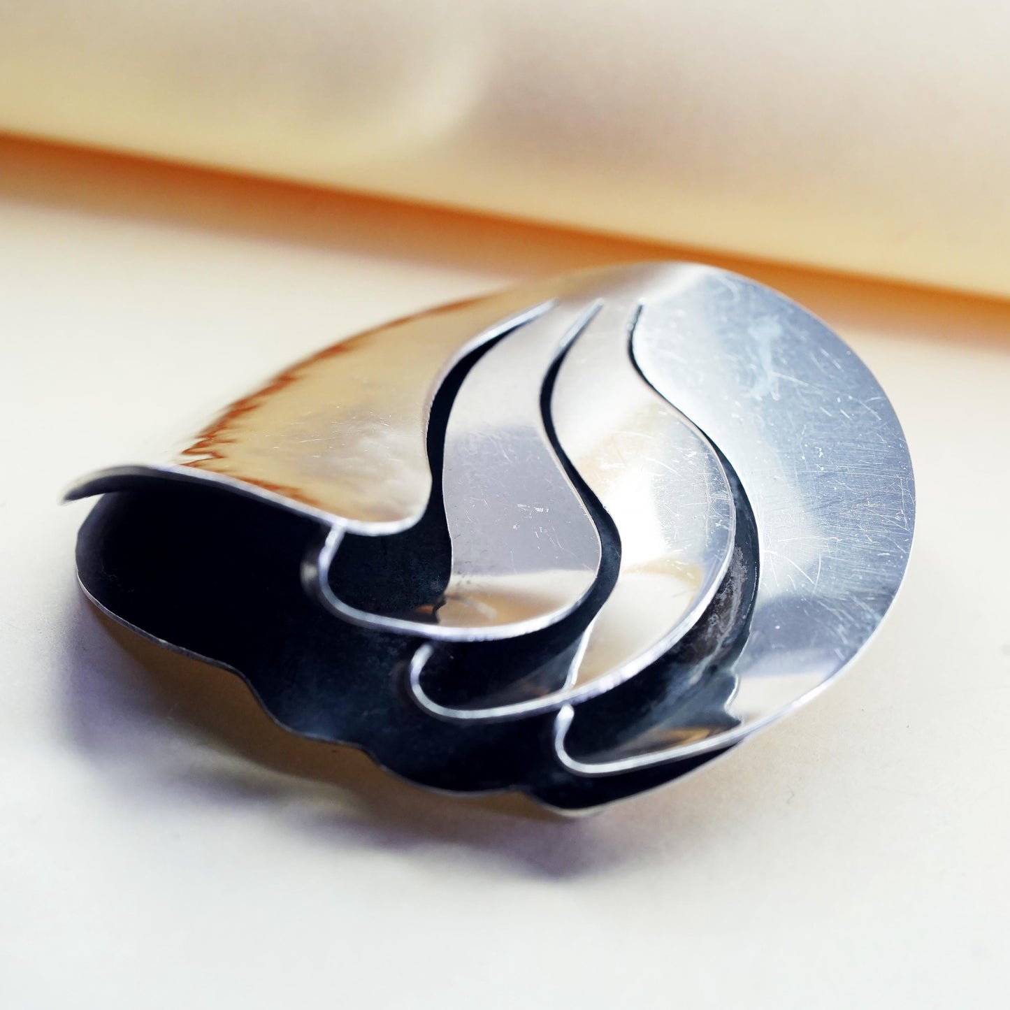 sterling silver brooch, 925 modern abstract wave layered circle, Christmas pin
