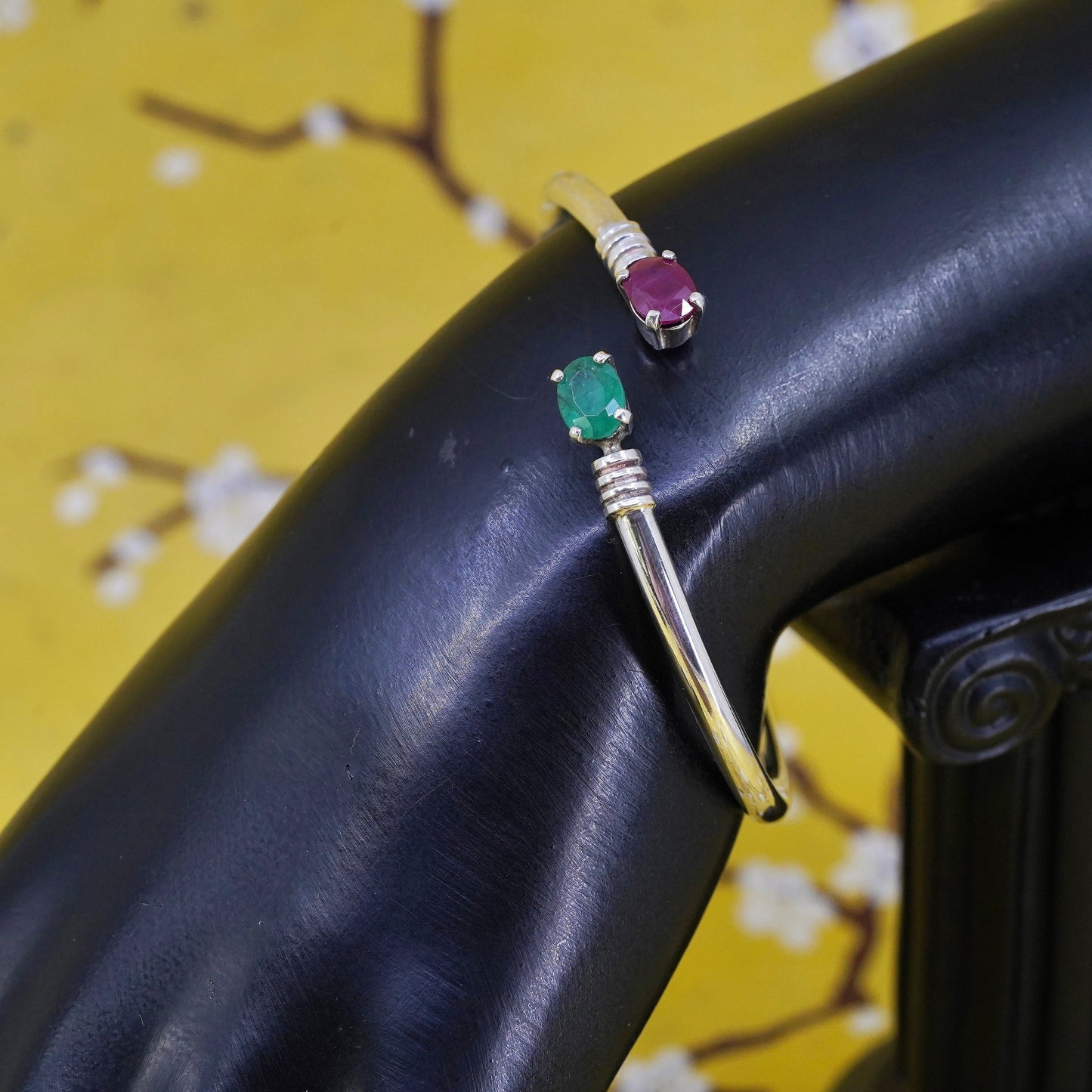 6.5", modern Sterling silver bracelet, 925 wrap bangle with ruby and emerald