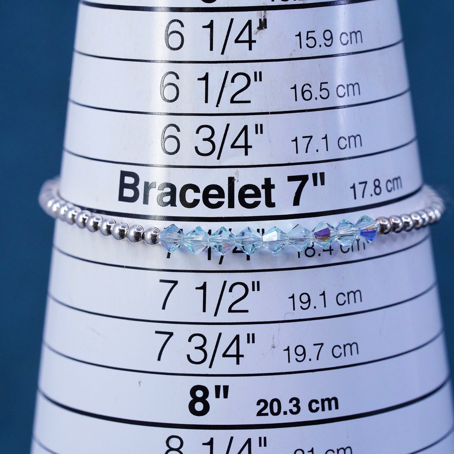 7.25”, vintage sterling 925 silver handmade beads bracelet with blue crystal