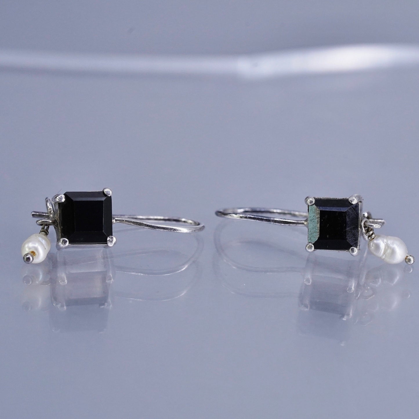 Sterling 925 silver handmade earrings with square obsidian and pearl dangles