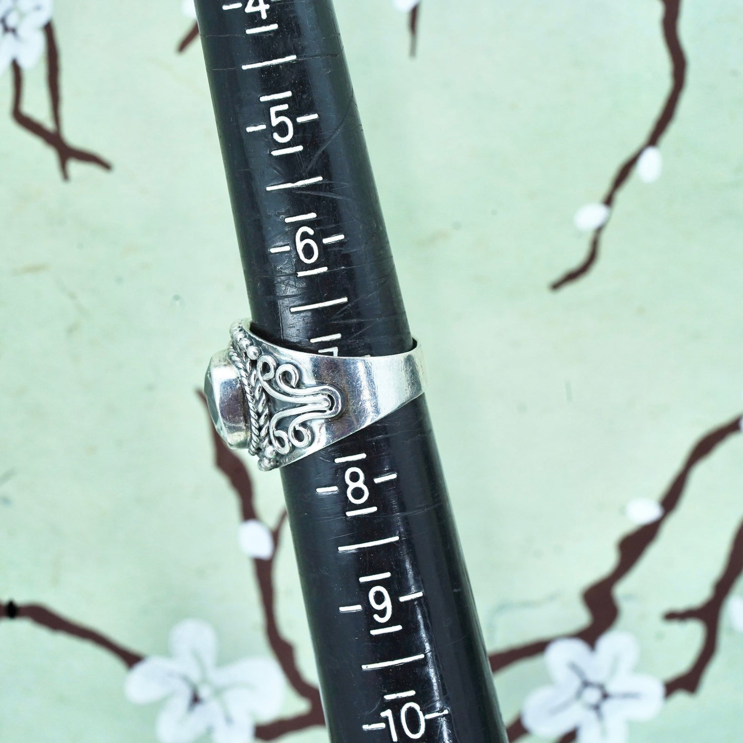 Size 7.25, Vintage sterling 925 silver handmade ring with aquamarine and beads