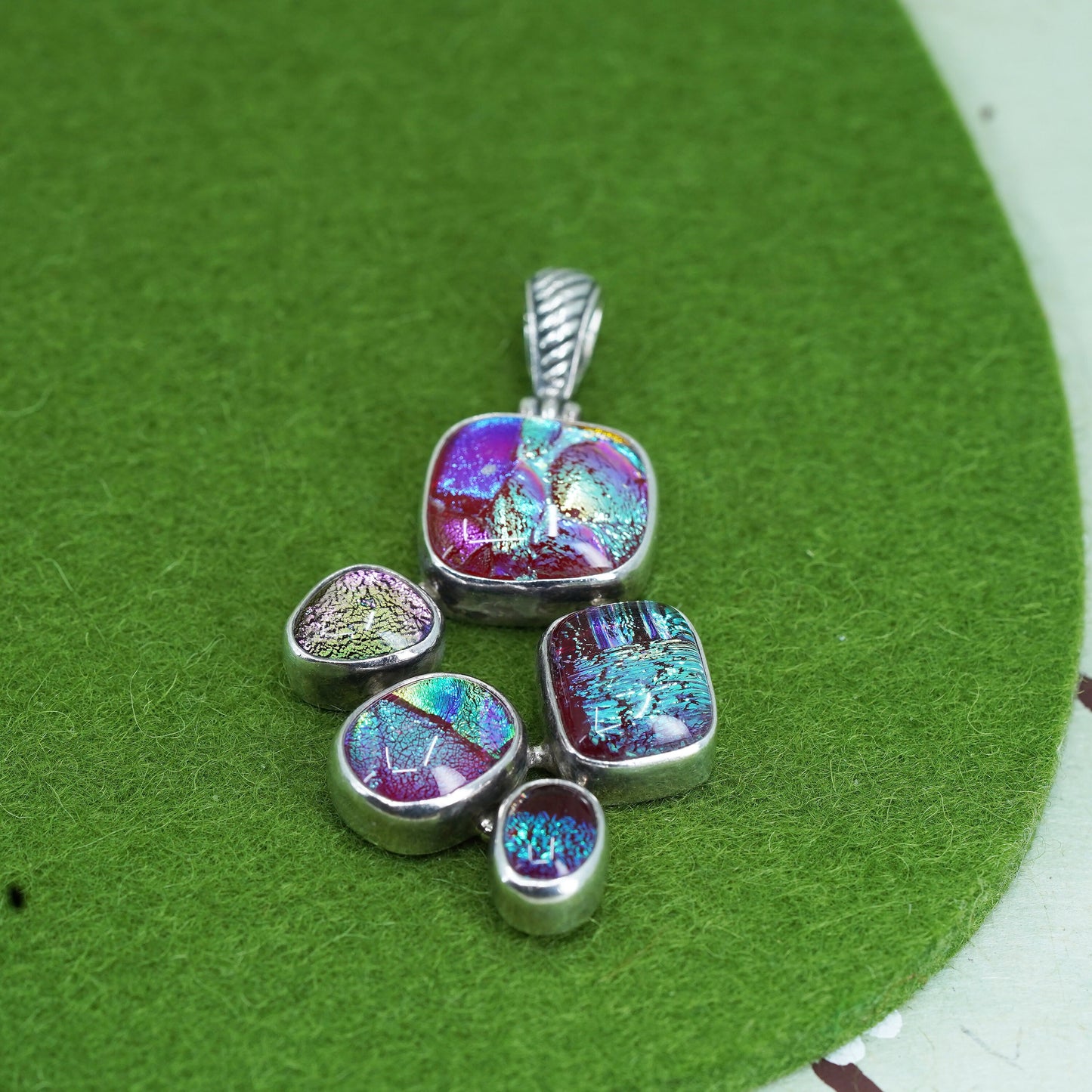 Vintage sterling silver handmade artisan glass pendant, dichroic glass charm