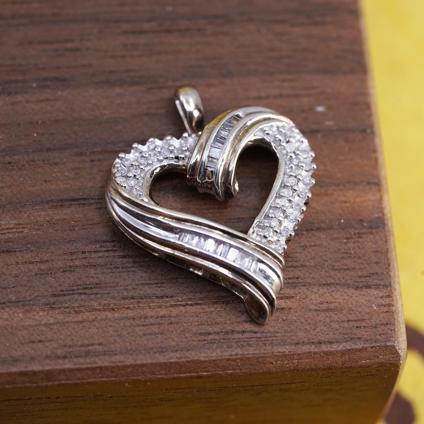 Vintage JWBR sterling silver pendant, 925 ribbed heart with cluster diamonds