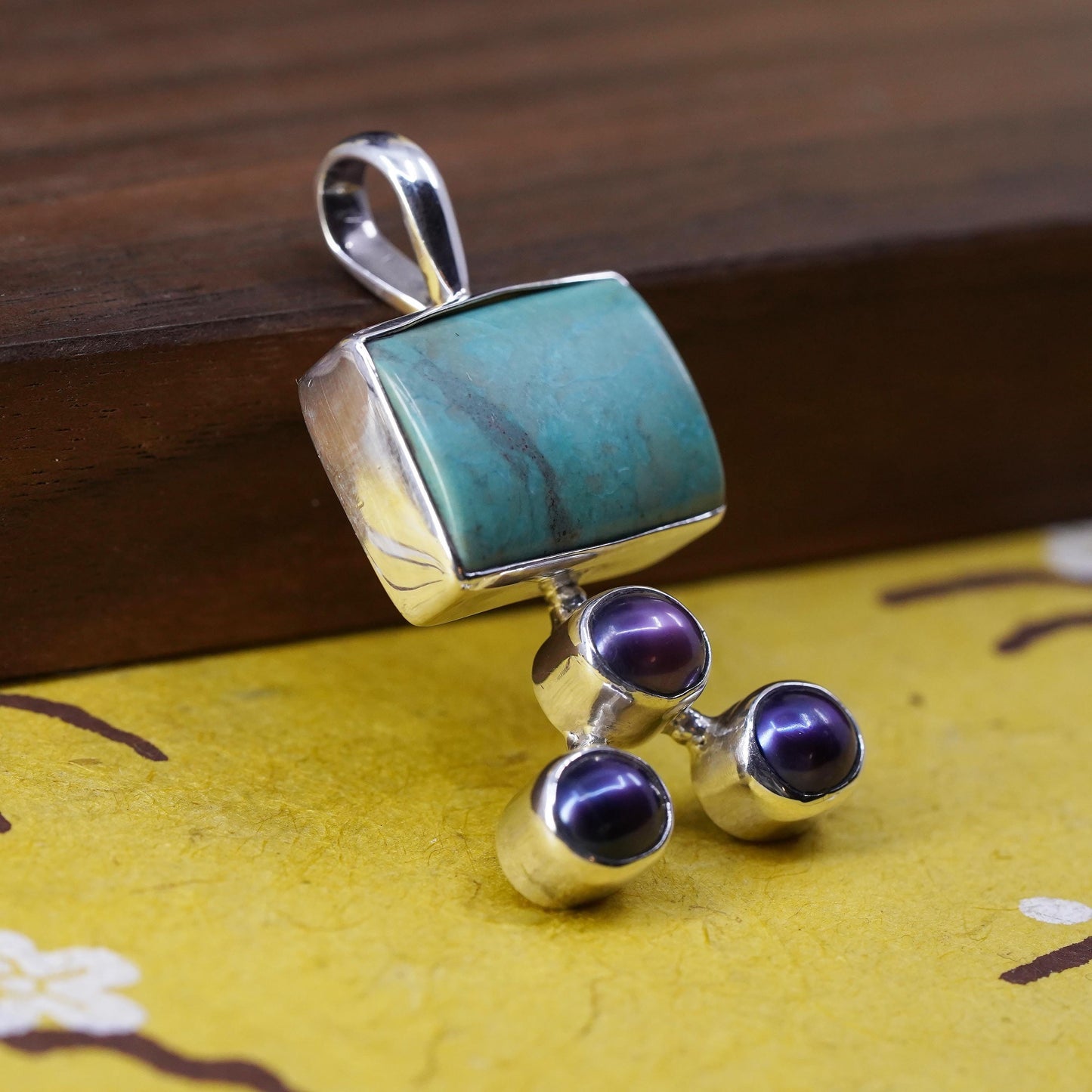 sterling silver pendant, southwestern 925 grapes with turquoise, black pearl