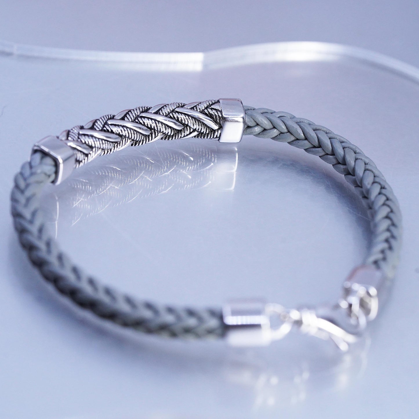 7.5", EFFY Men's Woven Gray Leather Bracelet with Sterling Silver 925 Cable bar