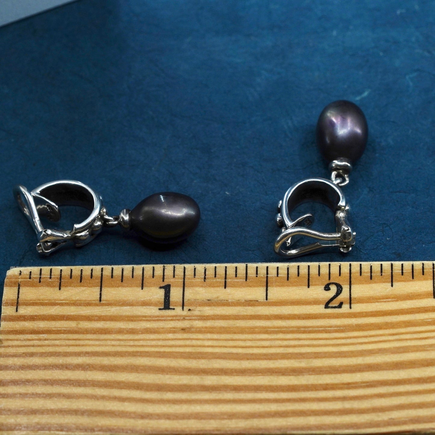 Vintage sterling silver 925 handmade clip on earrings with black pearl beads