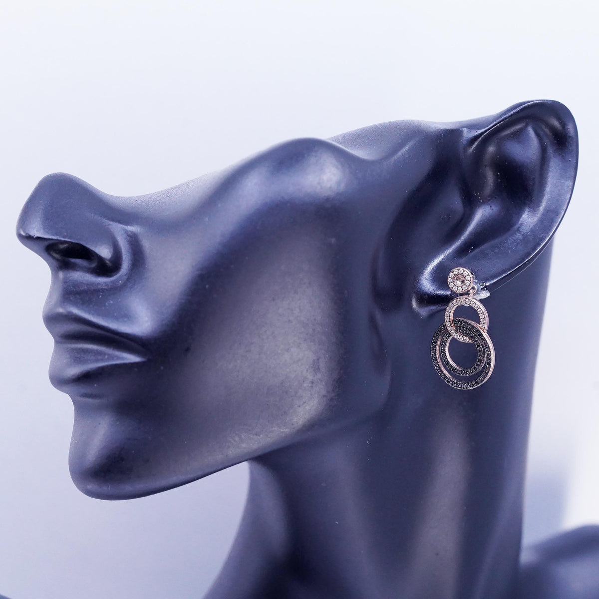 Vermeil Sterling Silver 925 Studs Earrings, Rose Gold CZ Halo, Entwined Dangles