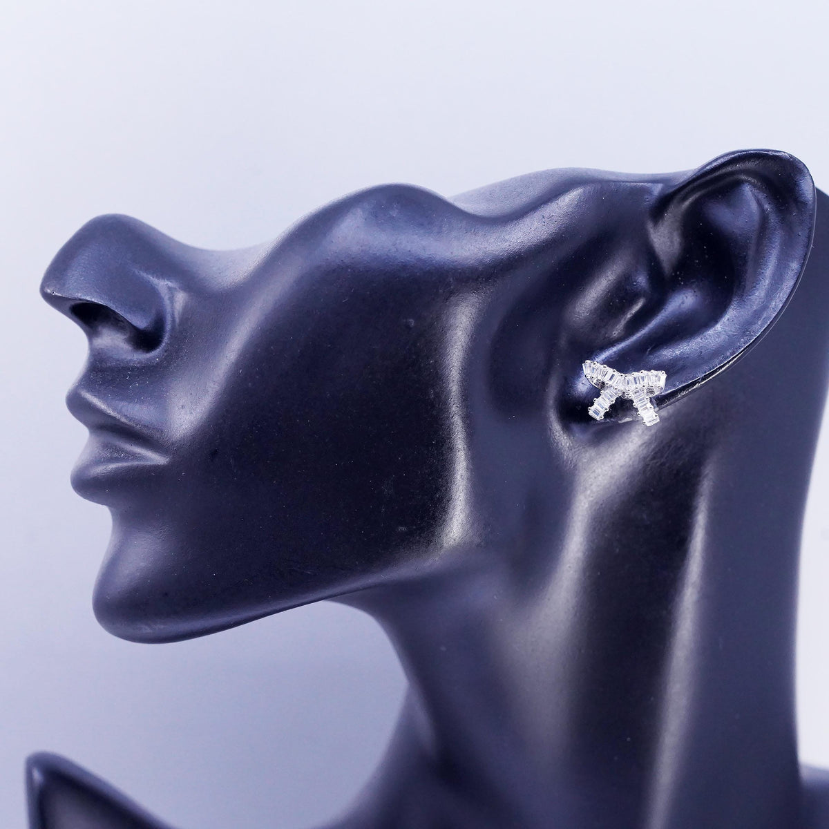 Vintage Sterling 925 silver handmade earrings, ribbon bow tie studs cluster Cz
