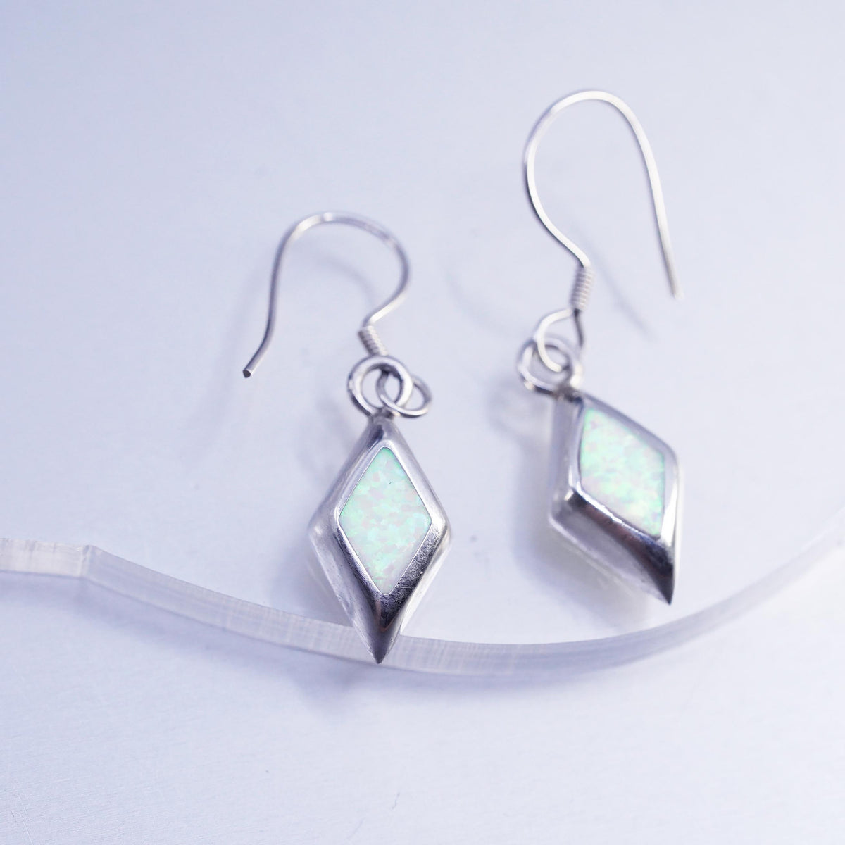 Vintage Sterling Silver Diamond shaped Earrings, 950 Silver Dangle Opal inlay
