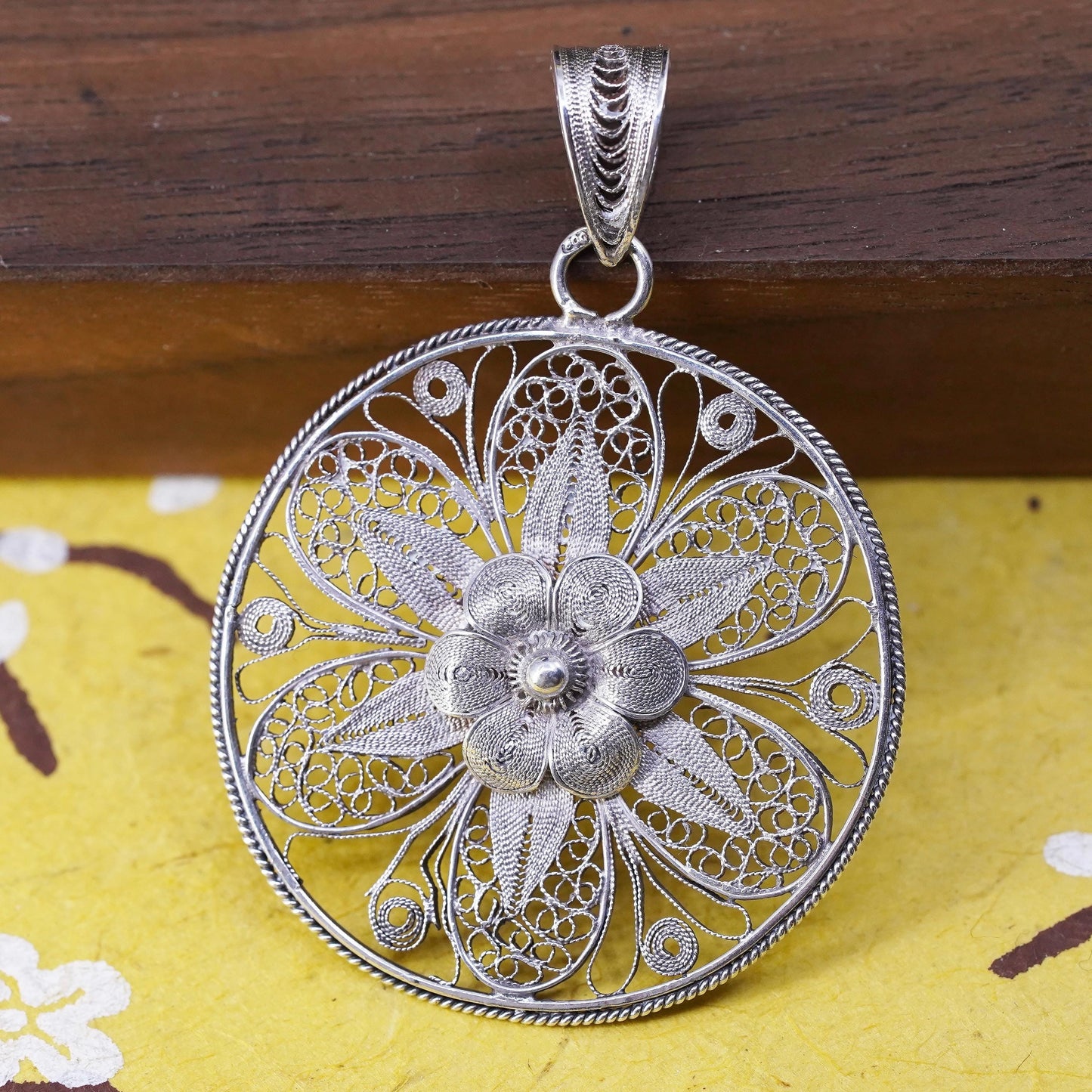 Vintage Sterling silver handmade pendant, 925 filigree flower, silver tested