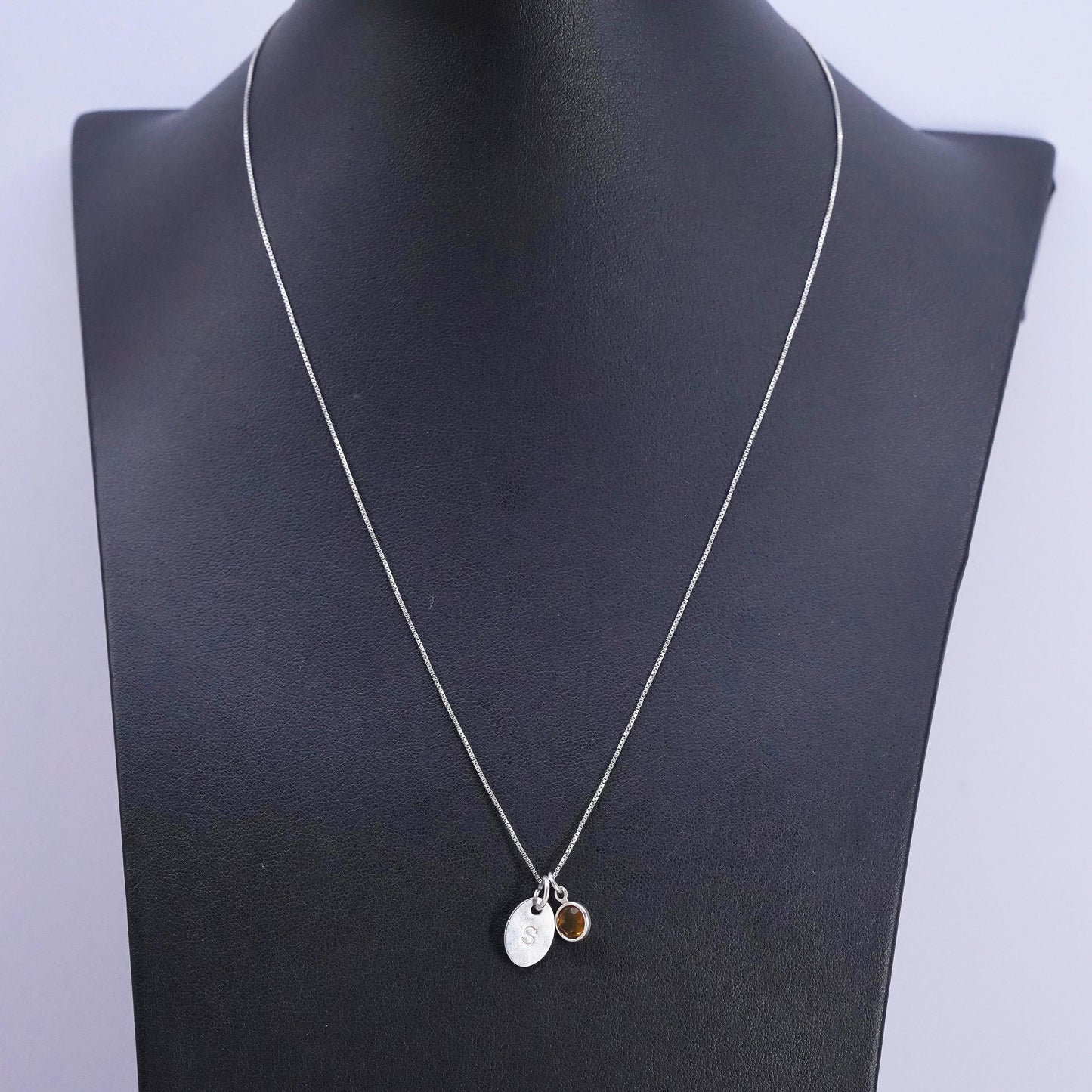 18", Sterling silver necklace, 925 box chain with letter S pendant and citrine