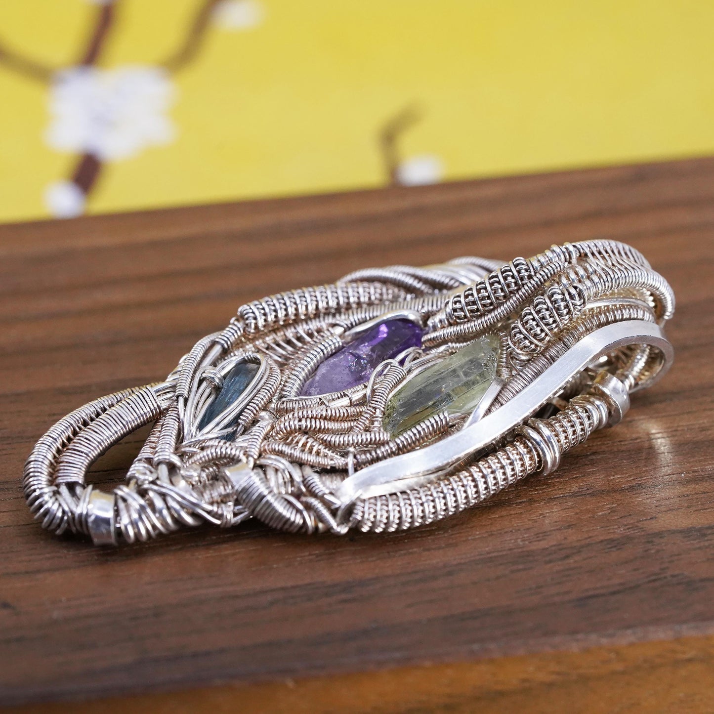 Vintage Sterling silver pendant, 925 wired teardrop with amethyst and peridot