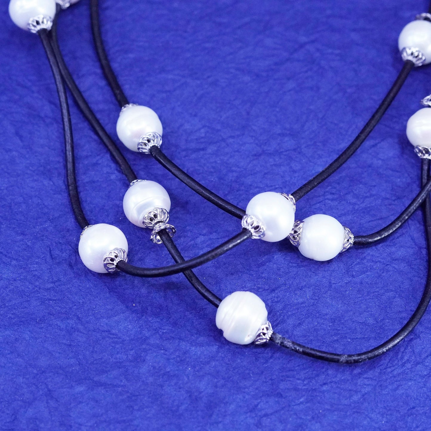 18+2”, Sterling 925 silver handmade black leather necklace with genuine pearl
