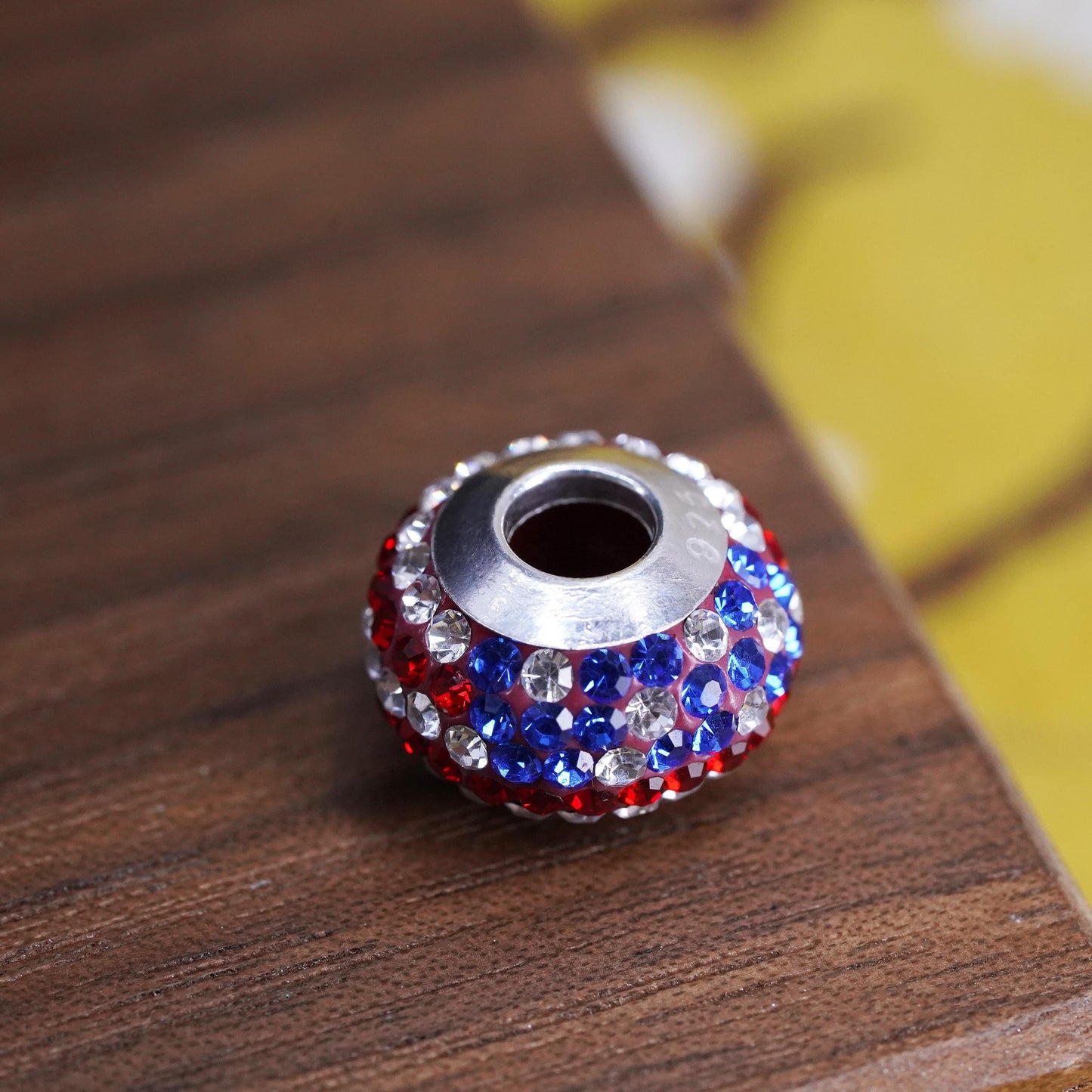 Vintage Sterling 925 silver handmade American flag bead charm with cluster cz