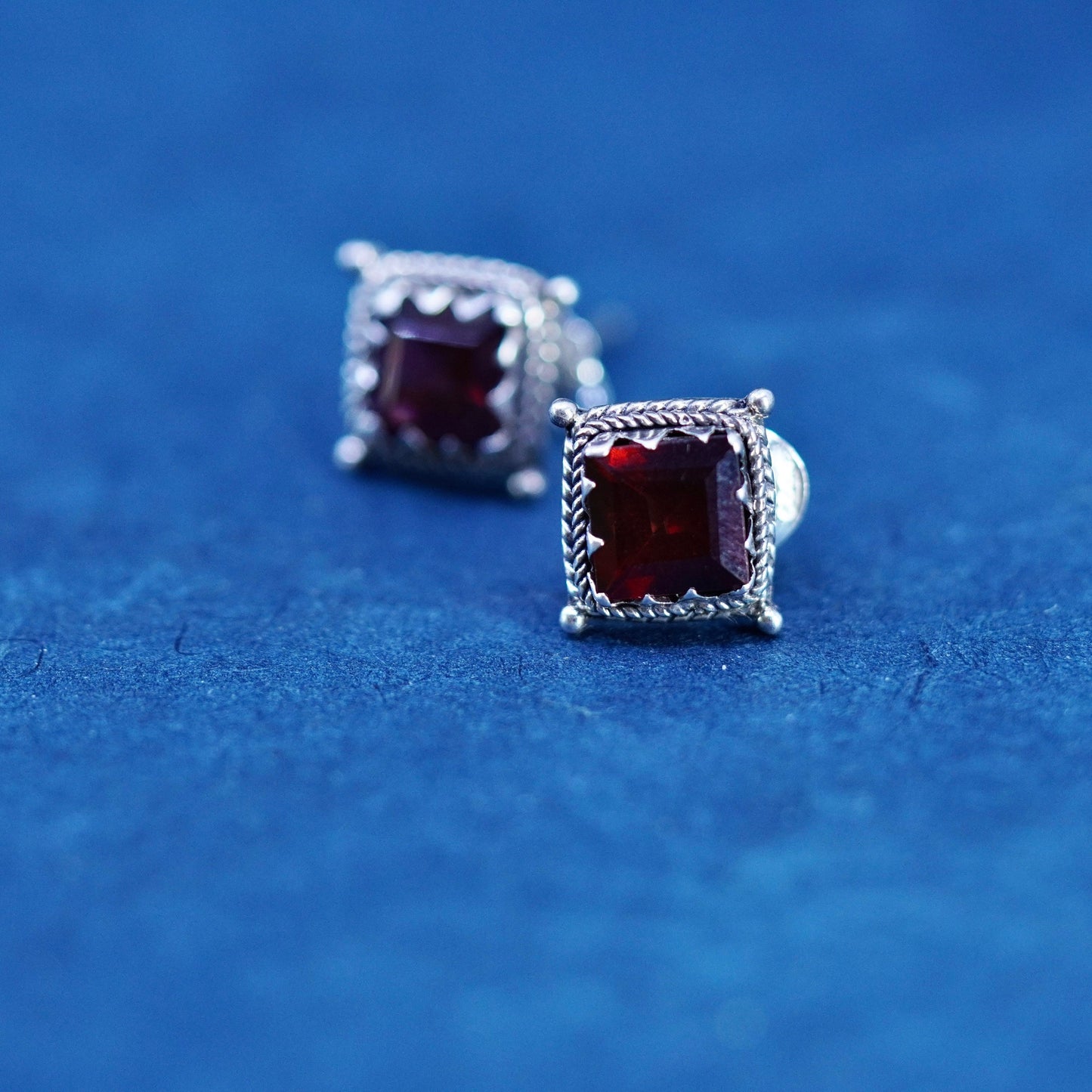 Vintage Sterling silver handmade earrings, 925 square studs with ruby