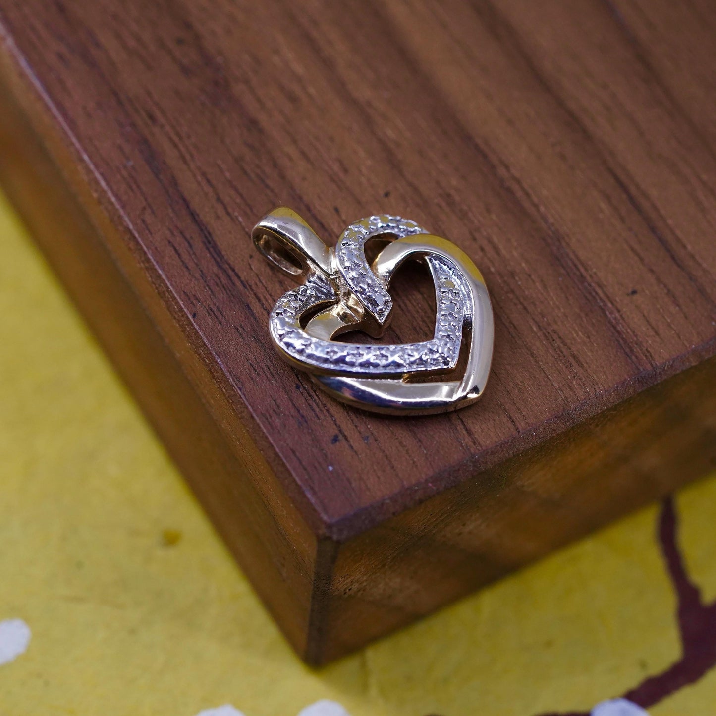 Vintage gold over sterling silver pendant, 925 double hearts genuine diamond