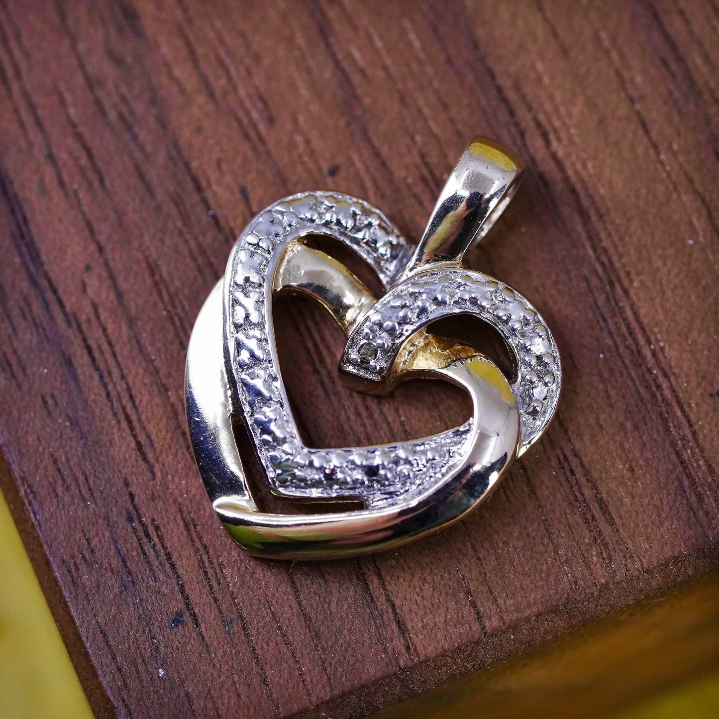 Vintage gold over sterling silver pendant, 925 double hearts genuine diamond