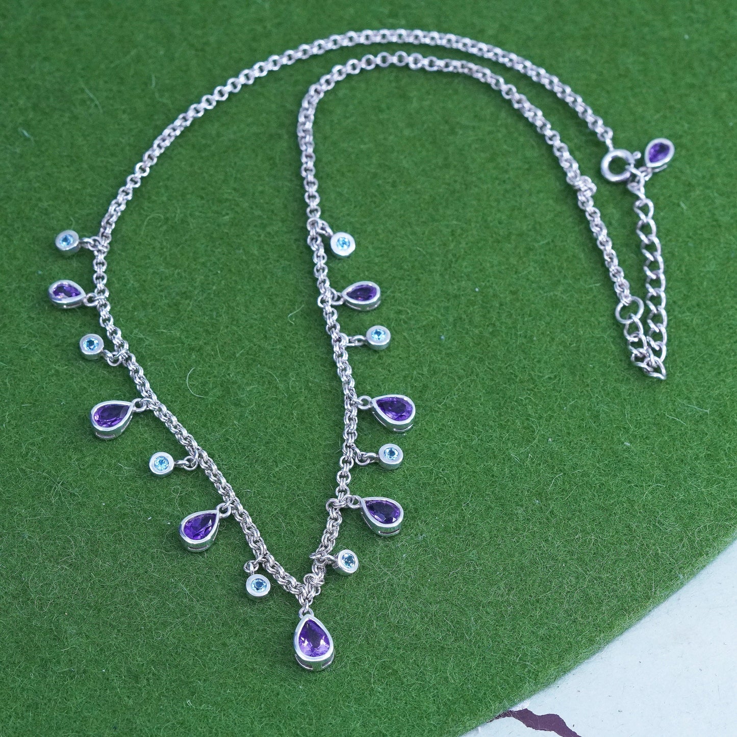 16+2", veg Sterling 925 silver handmade necklace with teardrop amethyst pendant