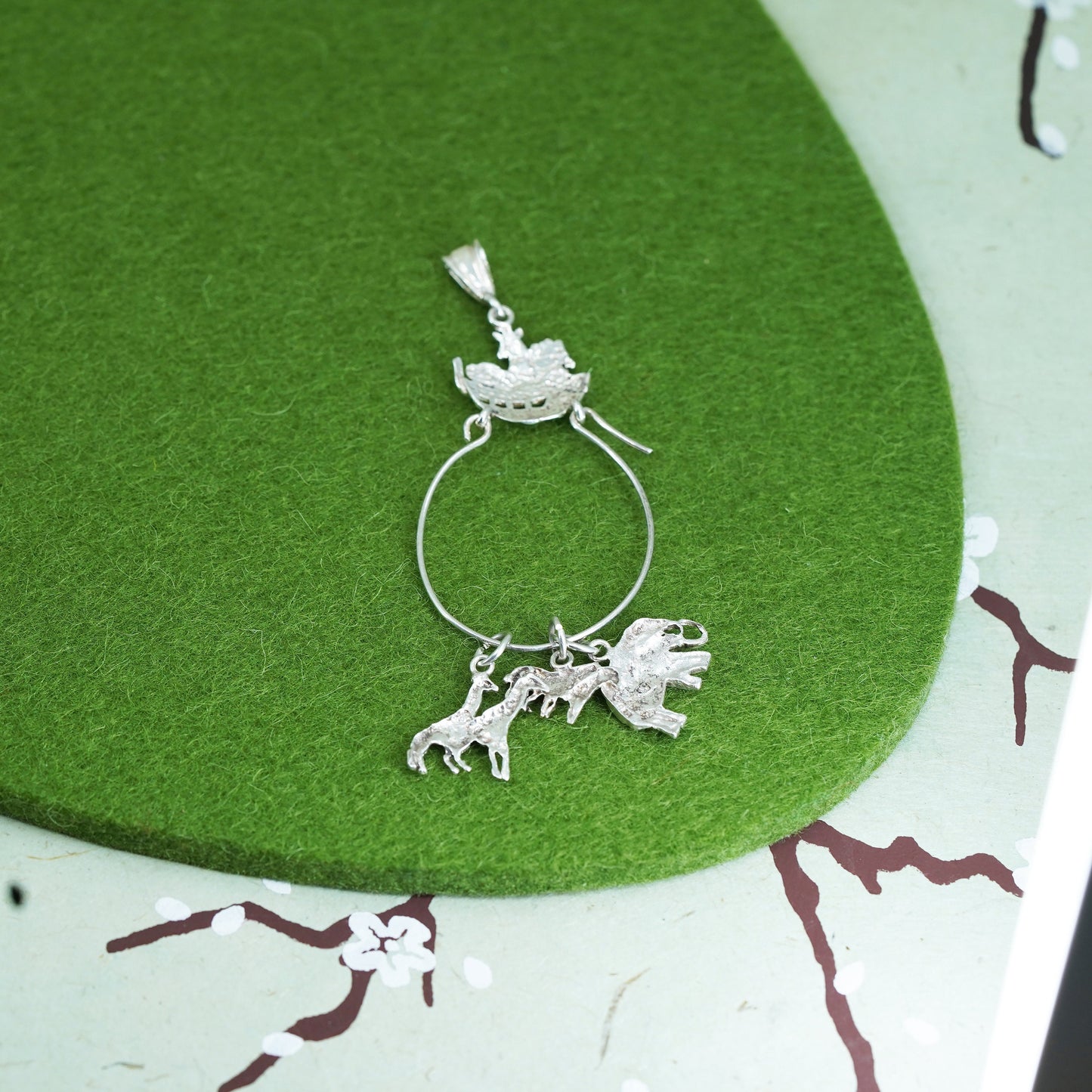 Vintage sterling silver pendant, 925 Noah’s Ark boat charm with zebra elephant